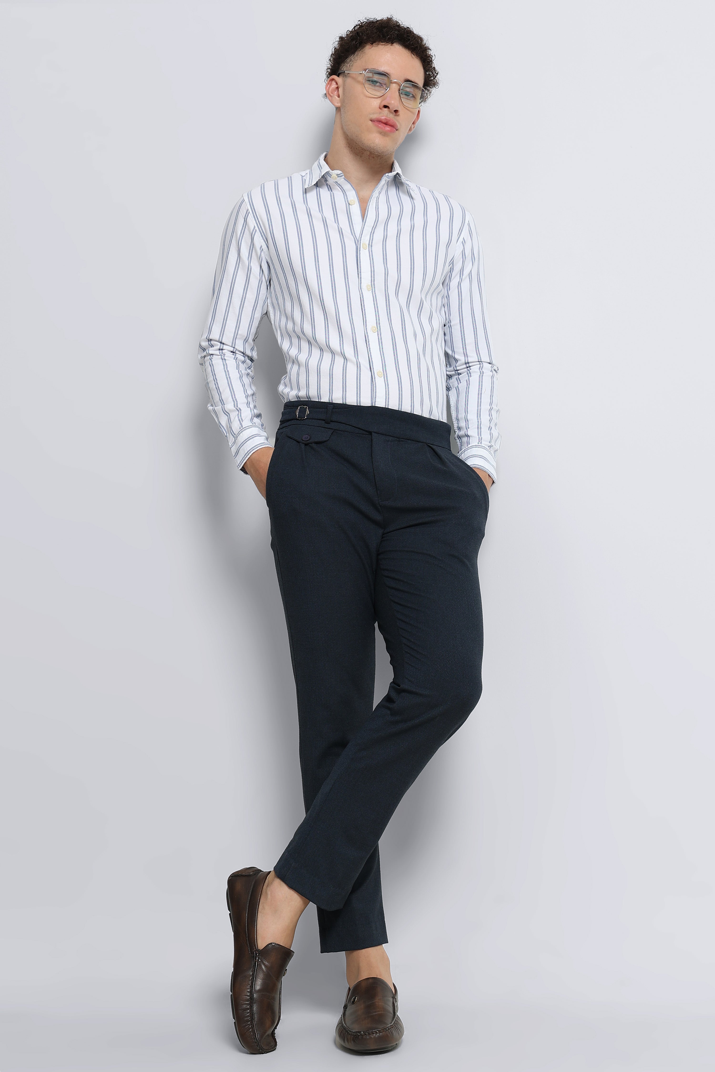 Men Blue Classic Striped Cotton Shirt