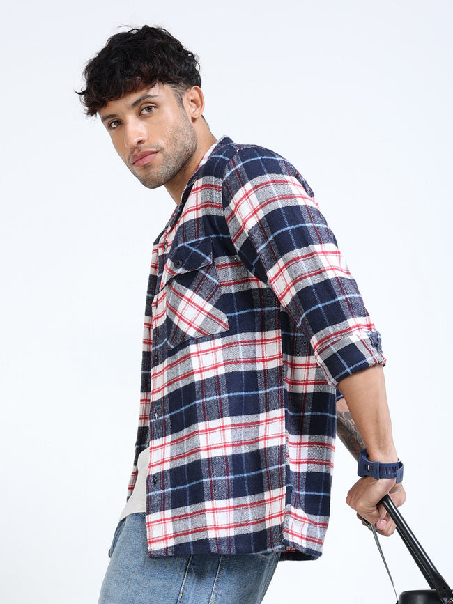 Men Twill Navy Checked Brushed Overshirt