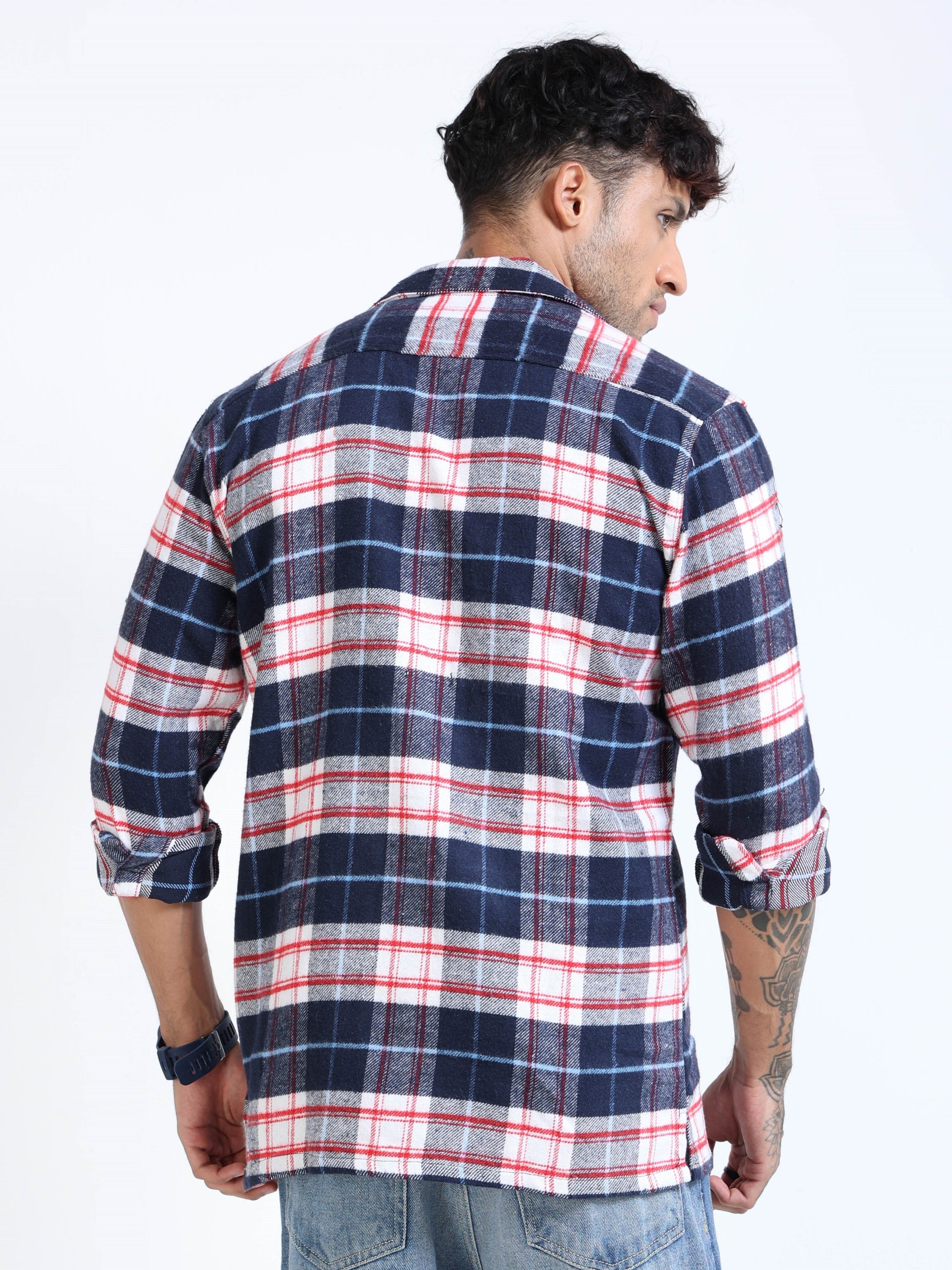 Men Twill Navy Checked Brushed Overshirt