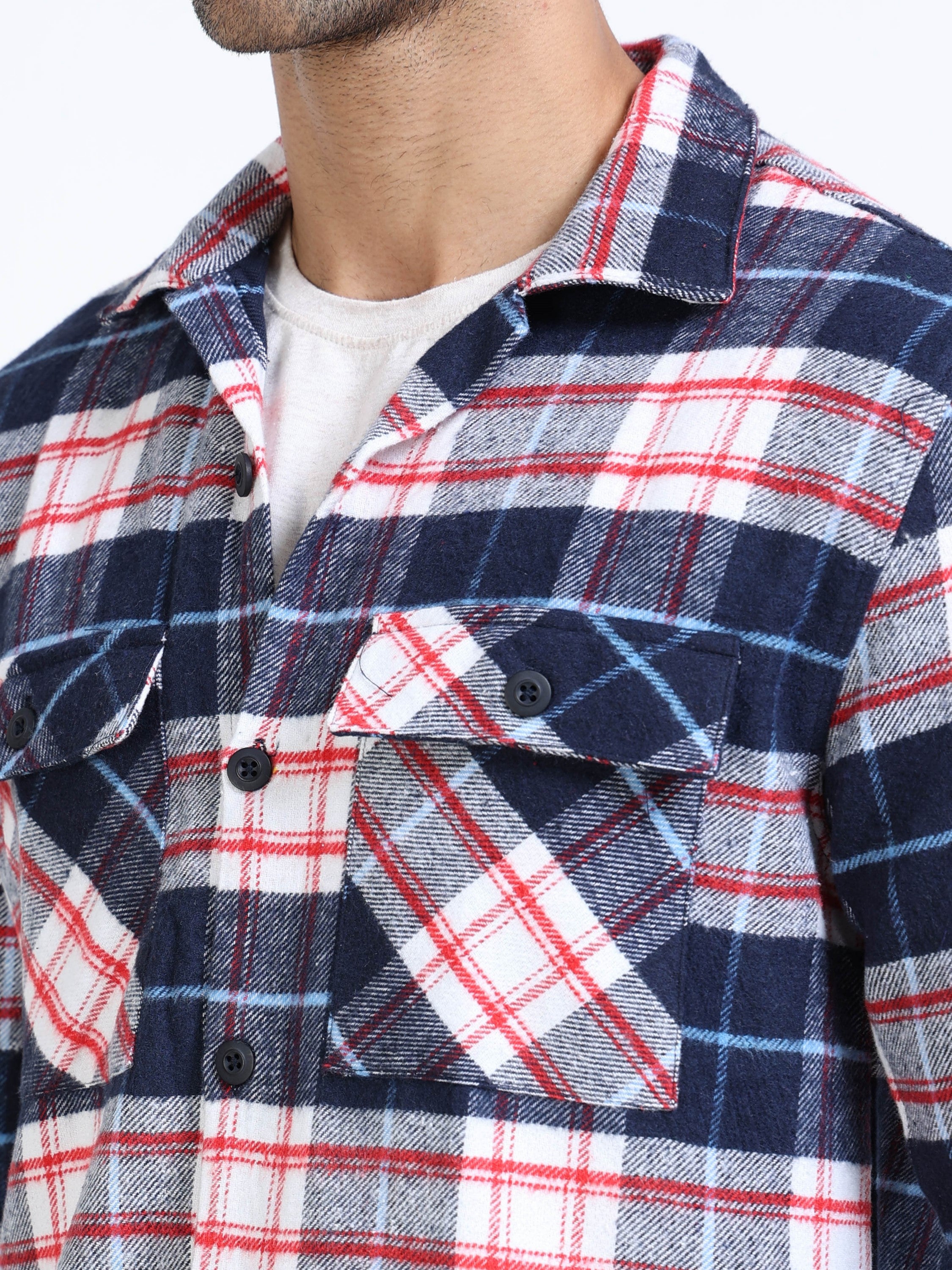 Men Twill Navy Checked Brushed Overshirt