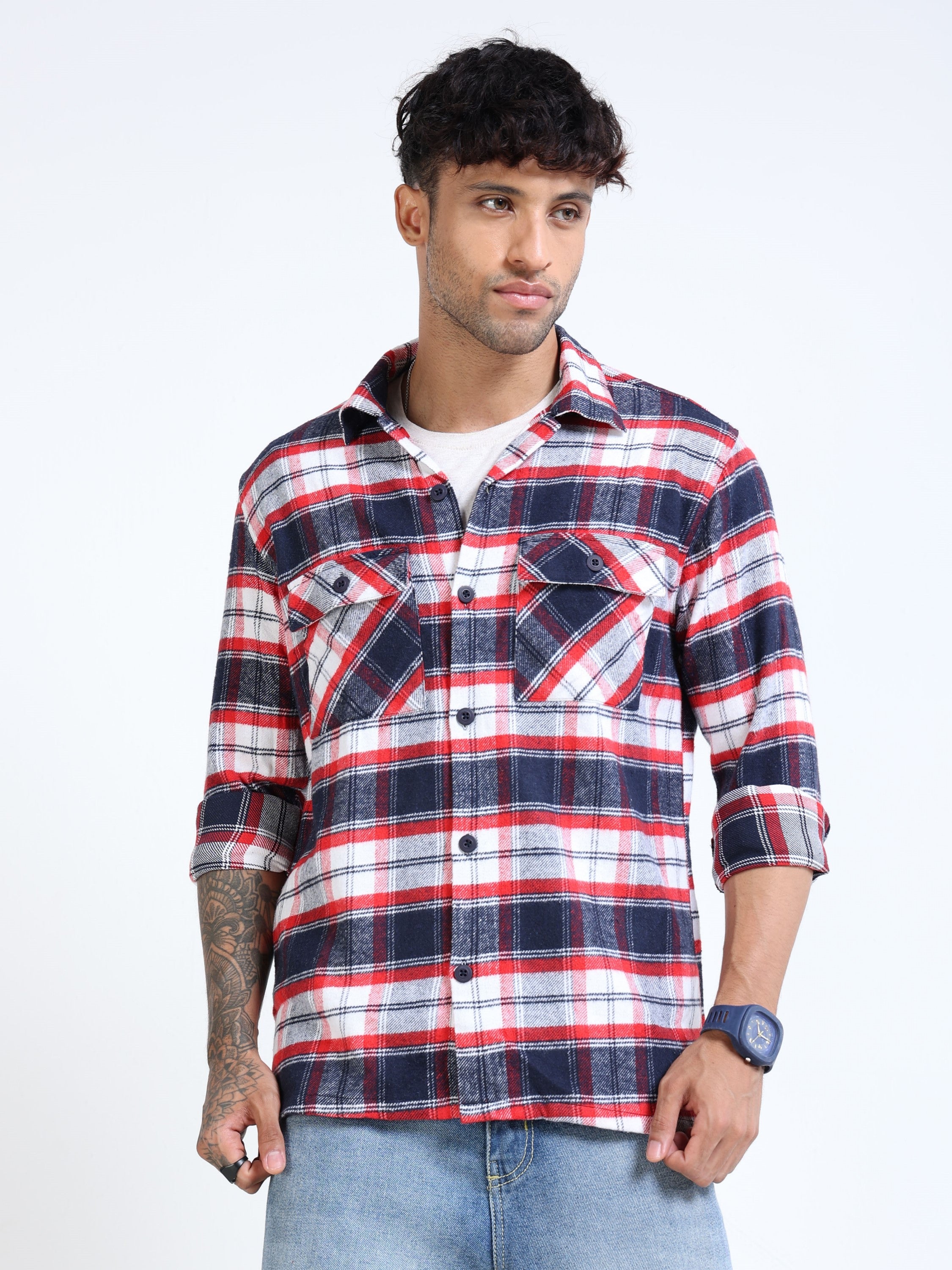 Men Twill Red Checked Overshirt