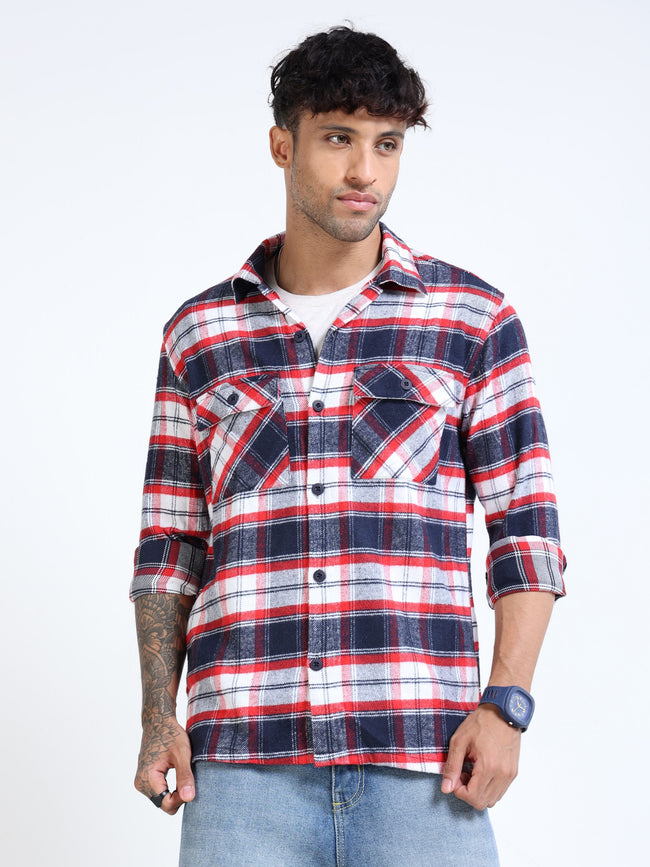 Men Twill Red Checked Overshirt