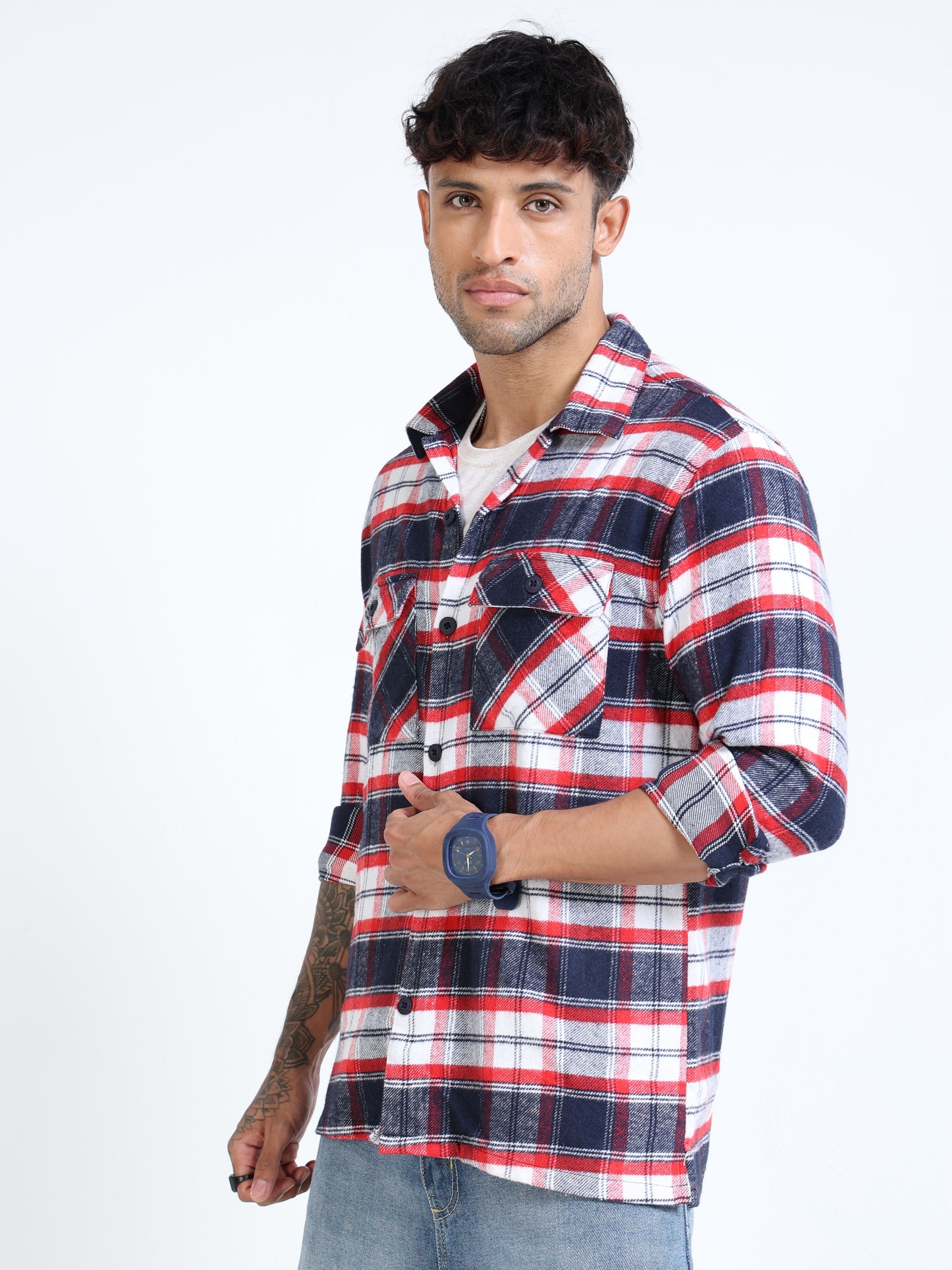 Men Twill Red Checked Overshirt