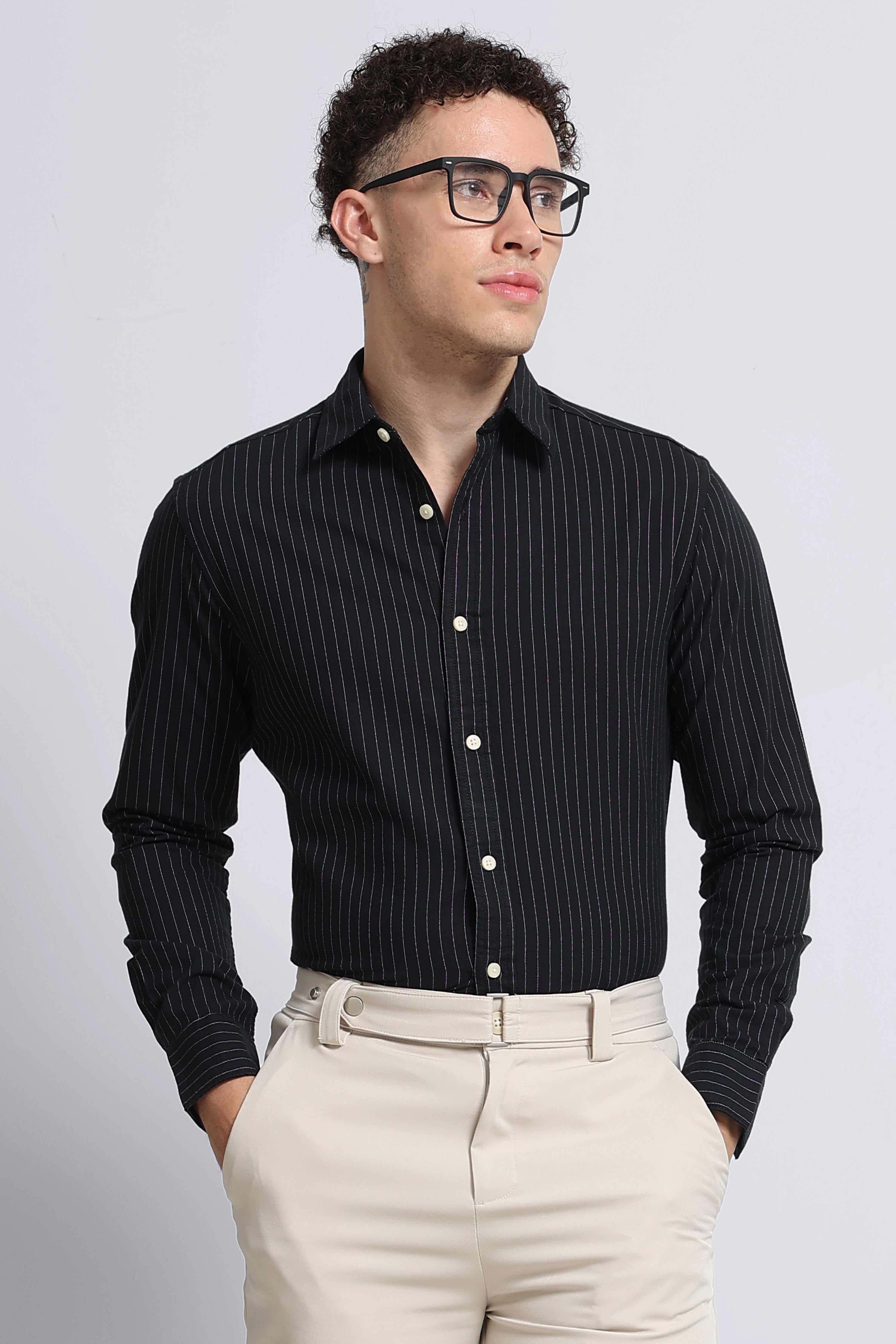 Men Black Striped Cotton Shirt