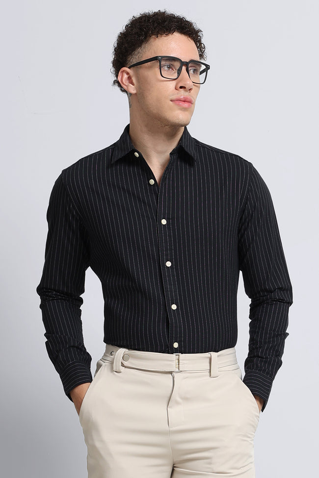 Men Black Striped Cotton Shirt