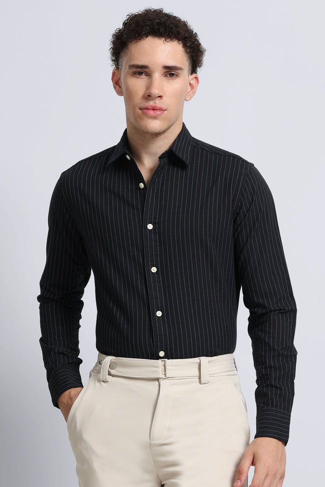 Men Black Striped Cotton Shirt