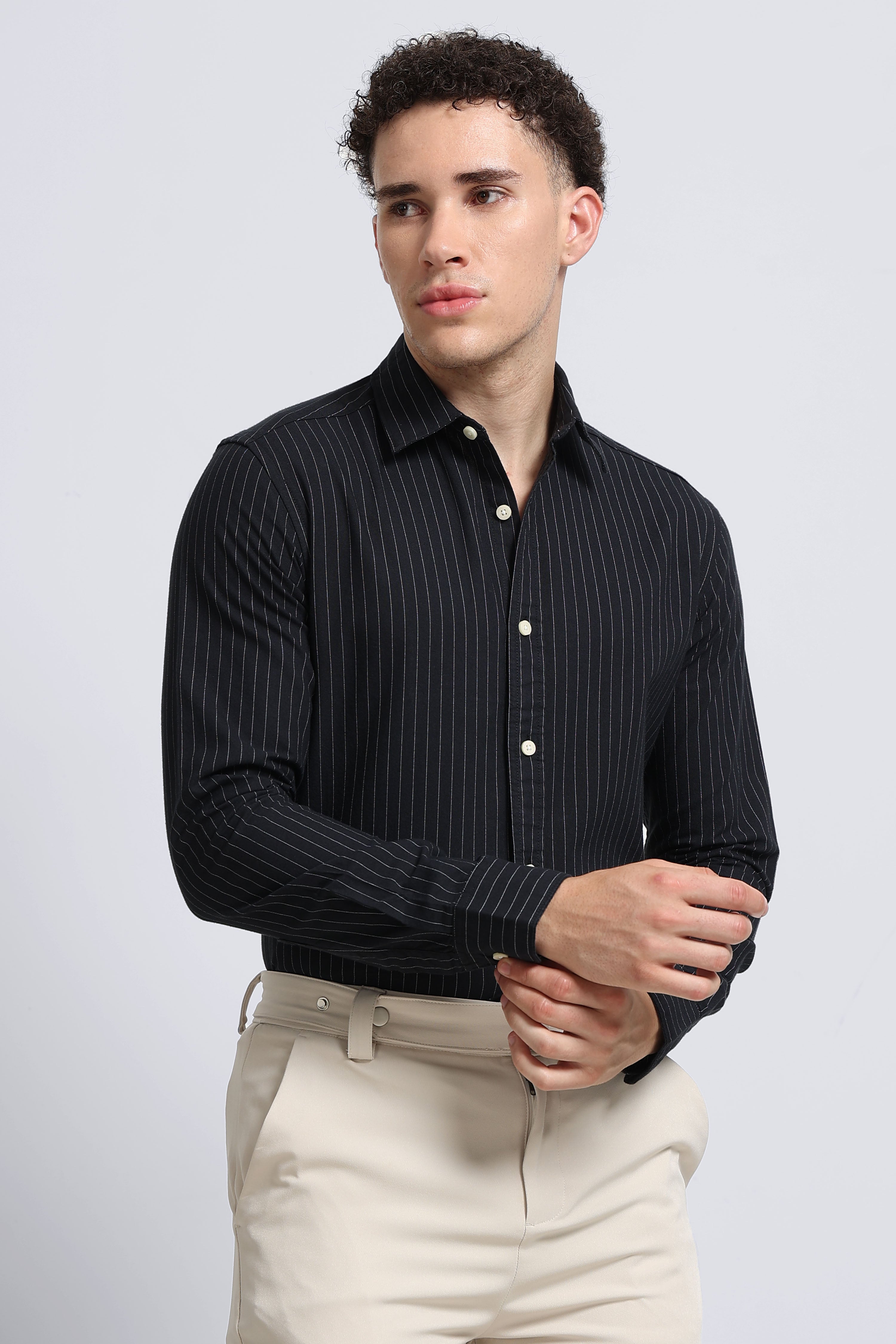 Men Black Striped Cotton Shirt