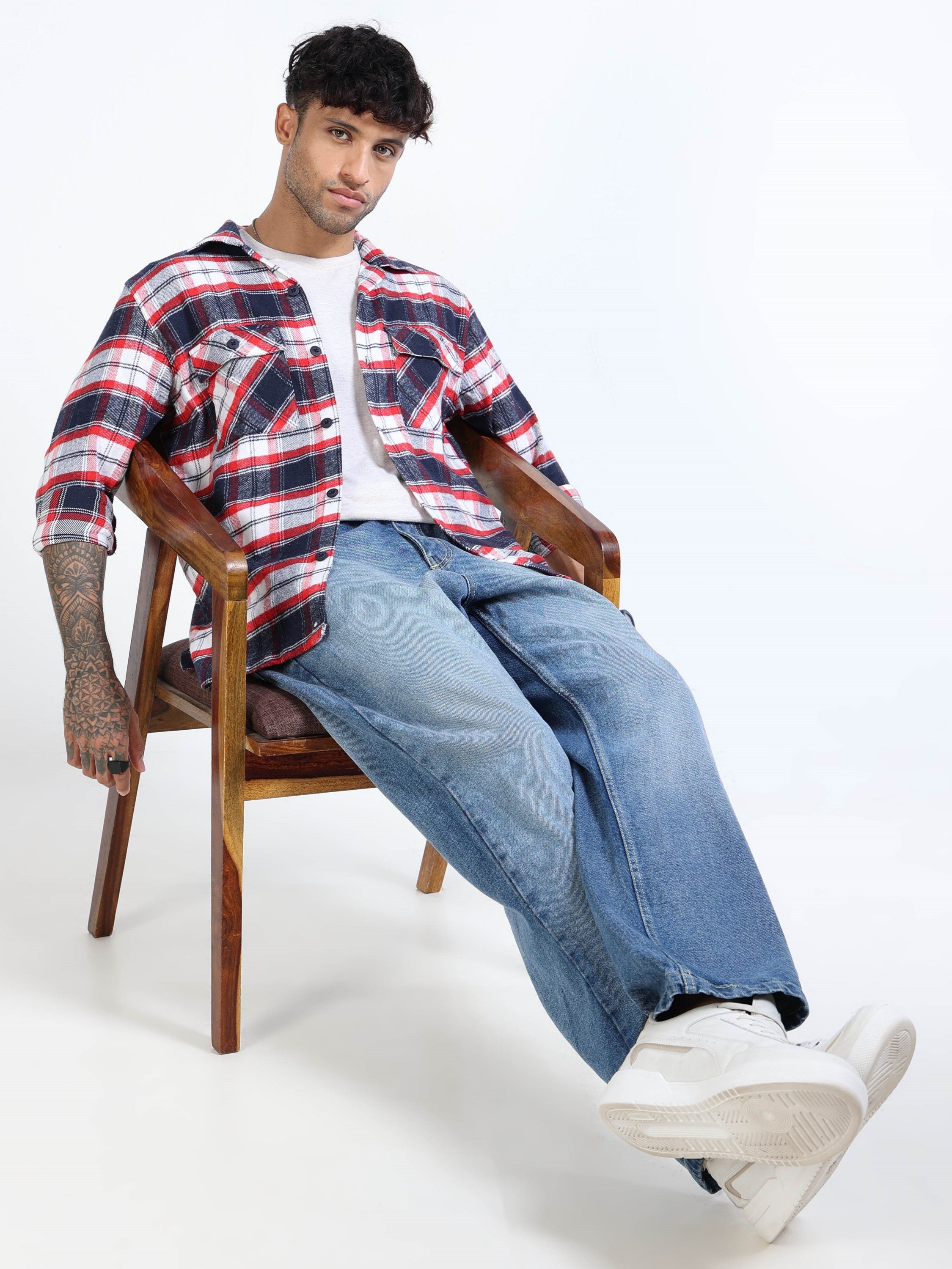 Men Twill Red Checked Overshirt