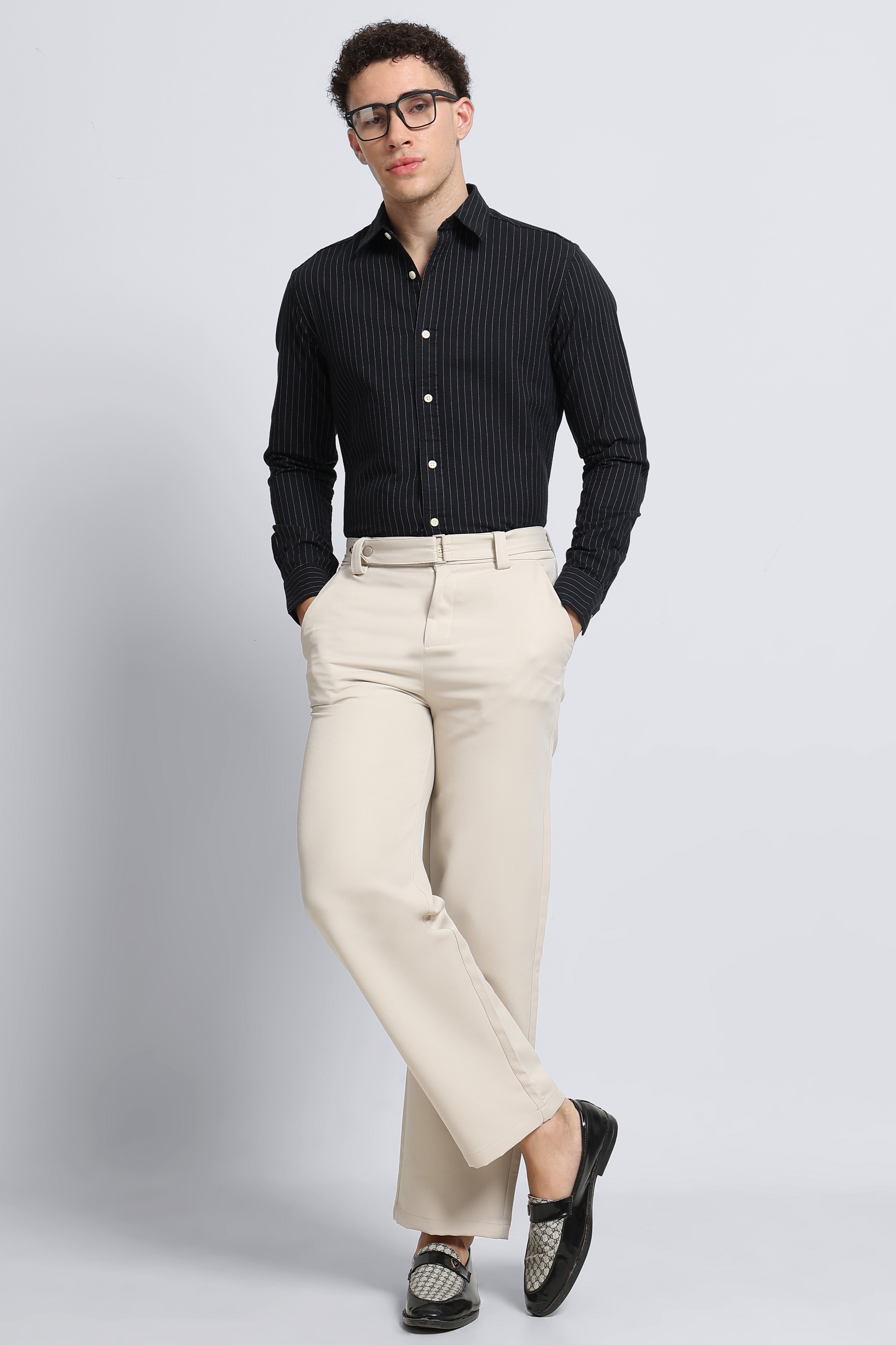 Men Black Striped Cotton Shirt