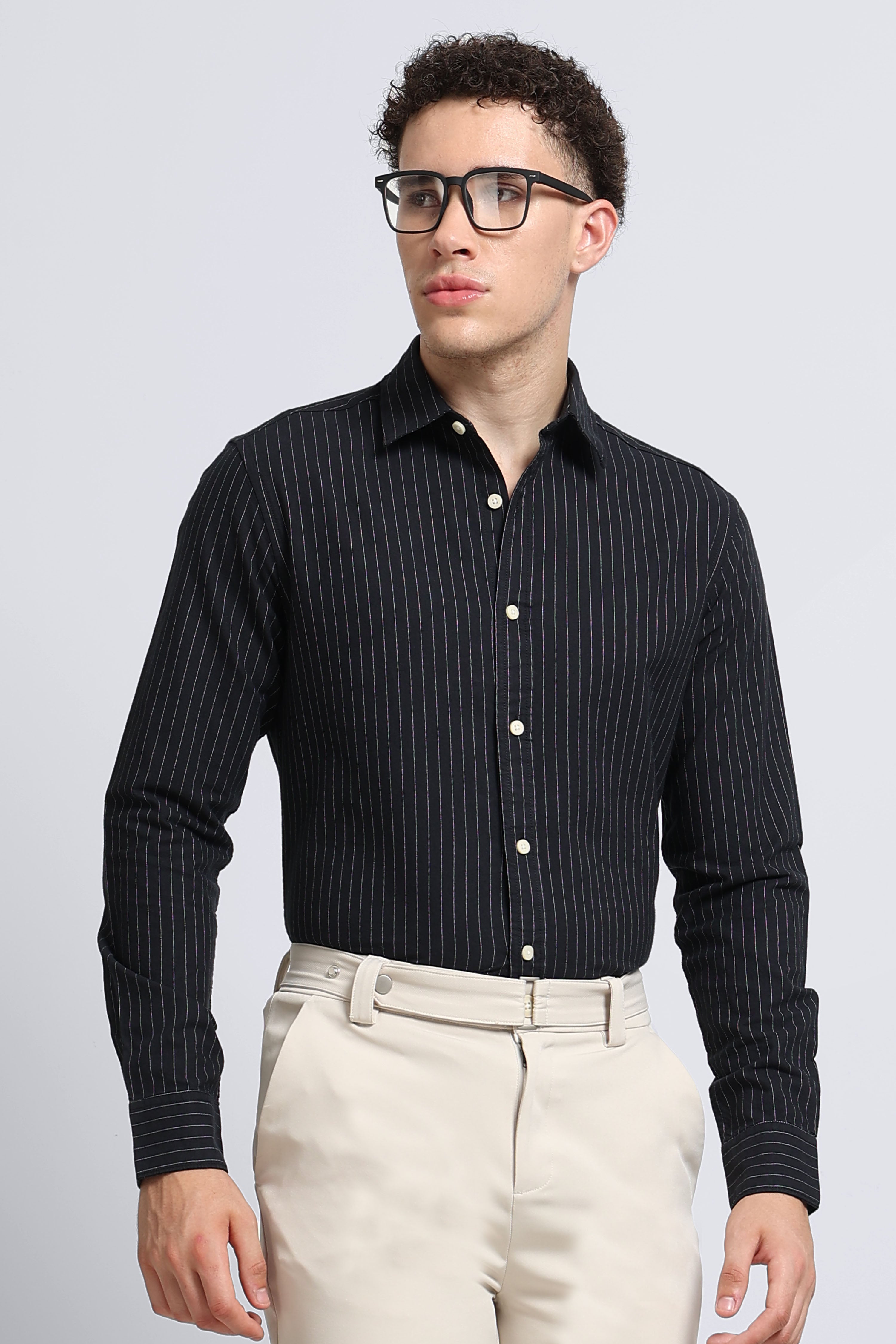 Men Black Striped Cotton Shirt
