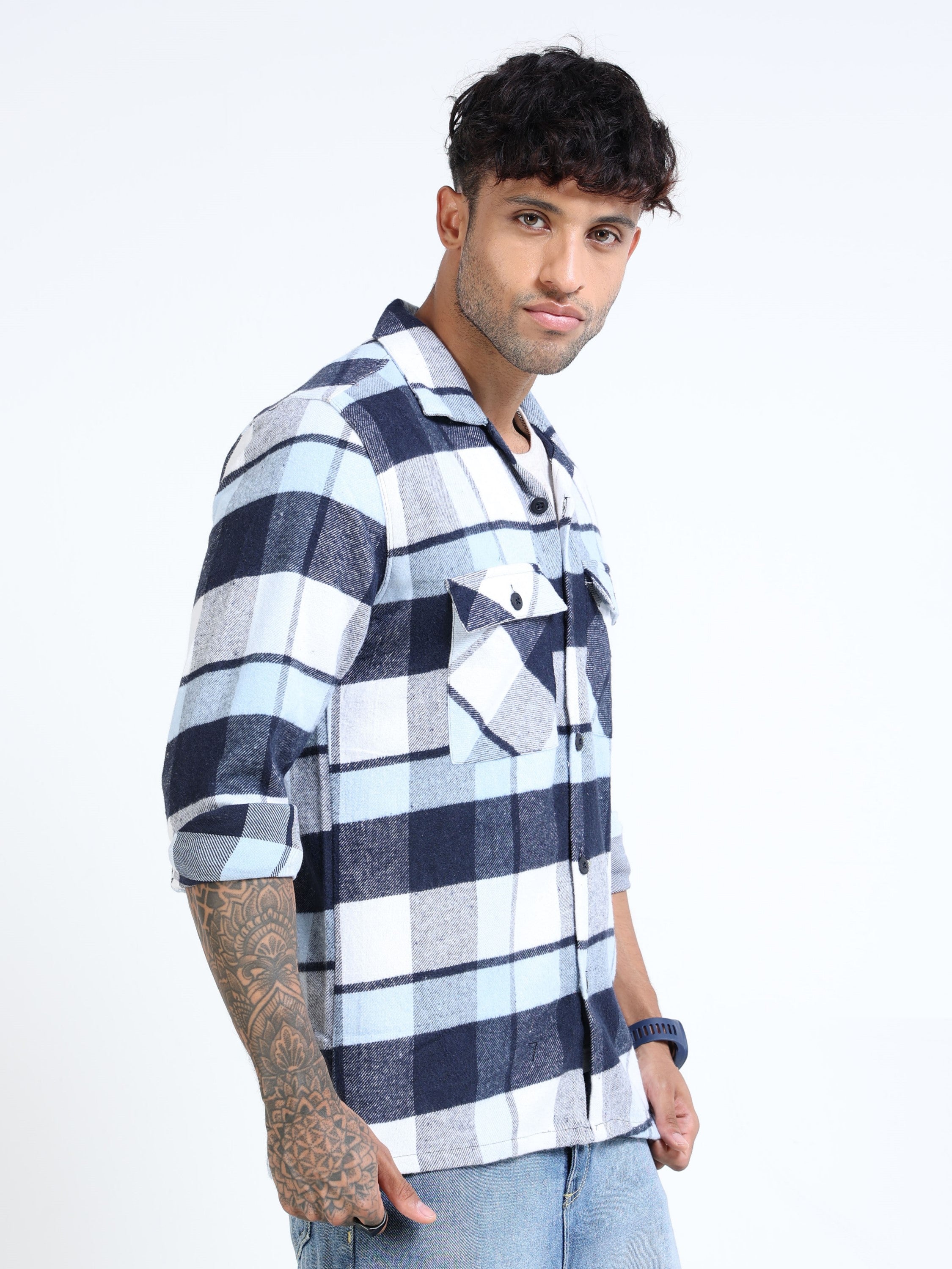 Men Twill Checked Sky Overshirt