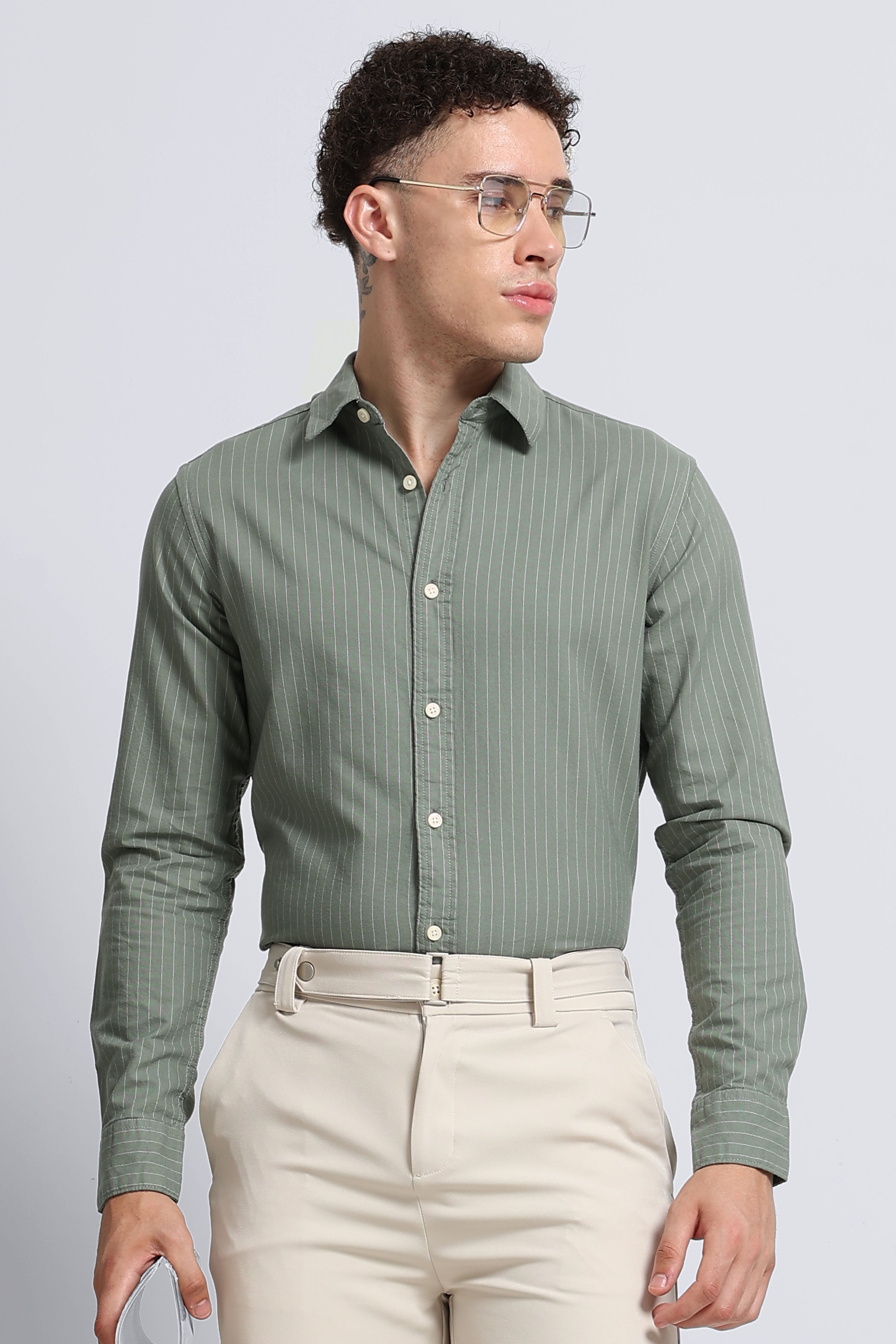 Men Green Striped Cotton Shirt