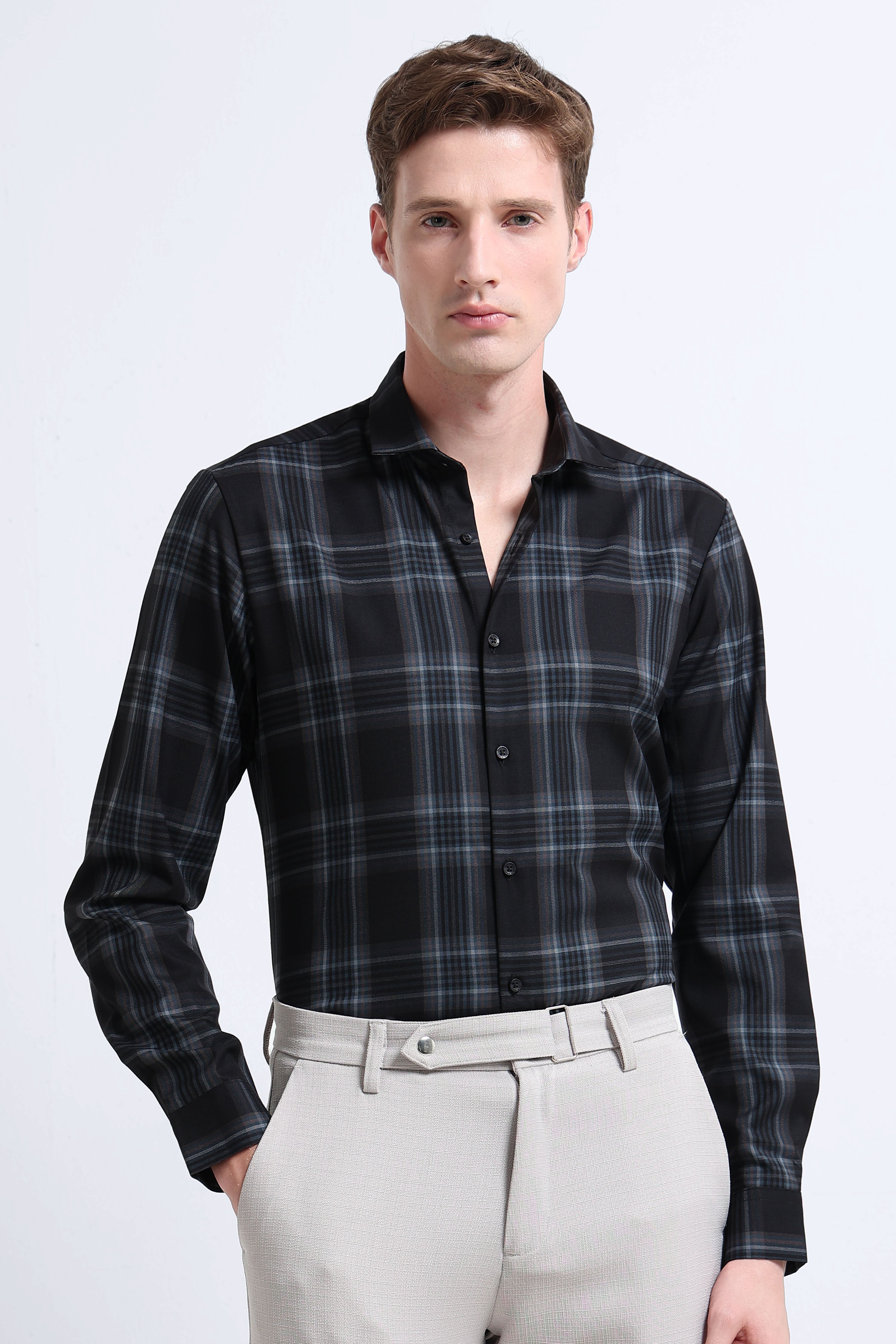 Men Navy Checked Slim Fit Shirt