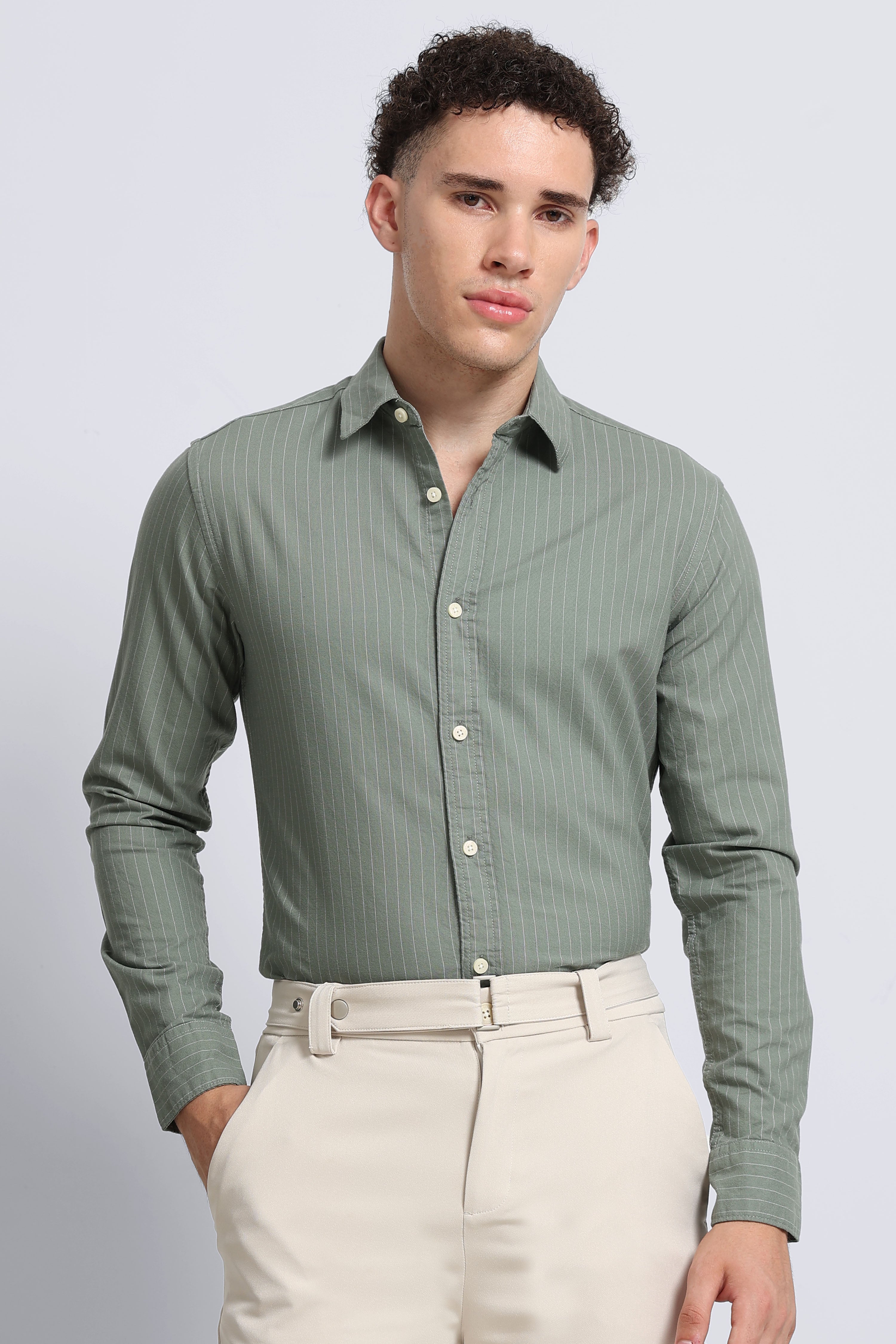 Men Green Striped Cotton Shirt