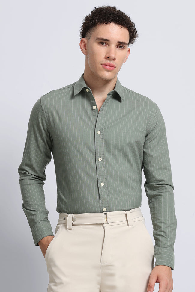 Men Green Striped Cotton Shirt