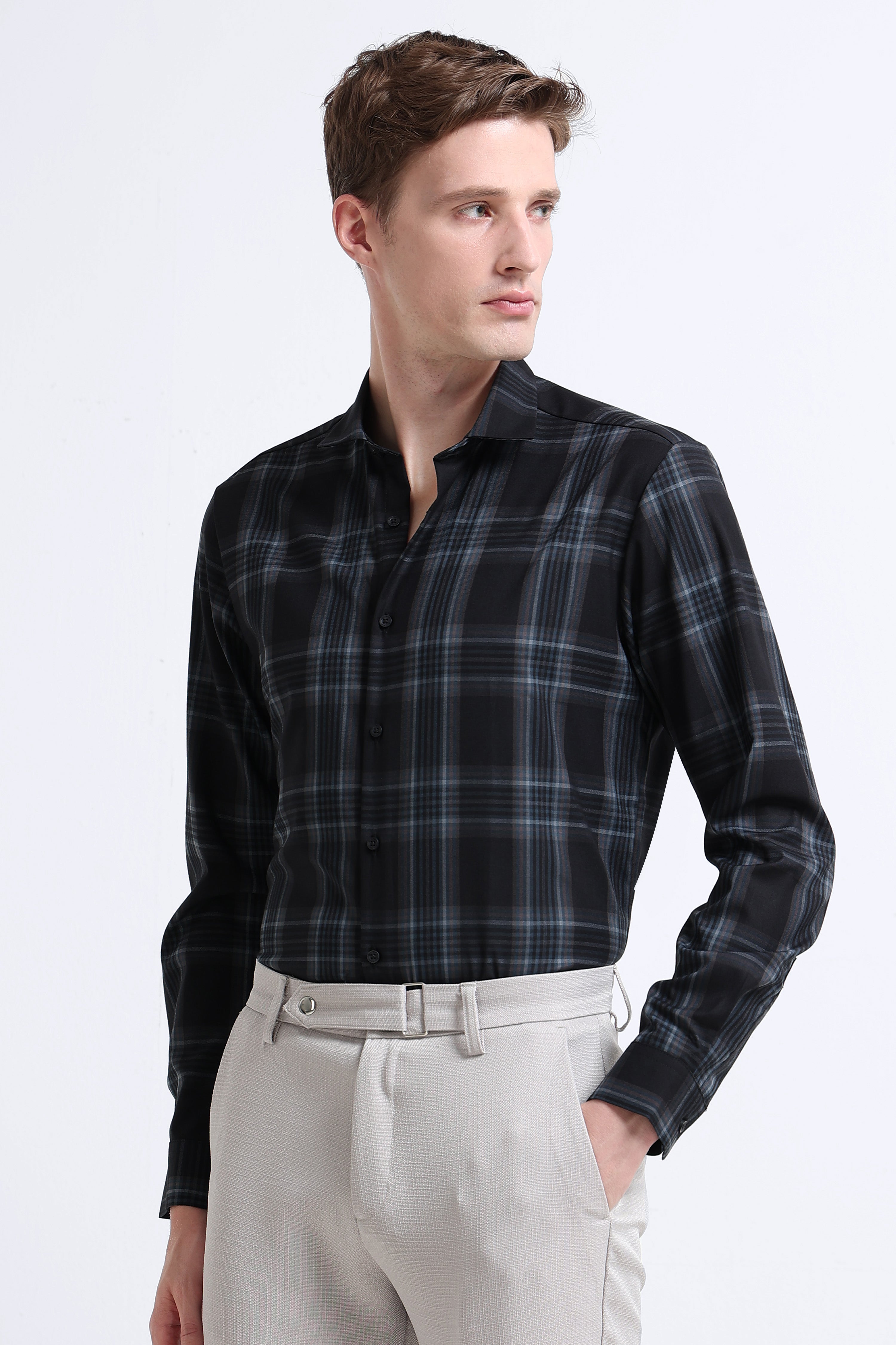Men Navy Checked Slim Fit Shirt