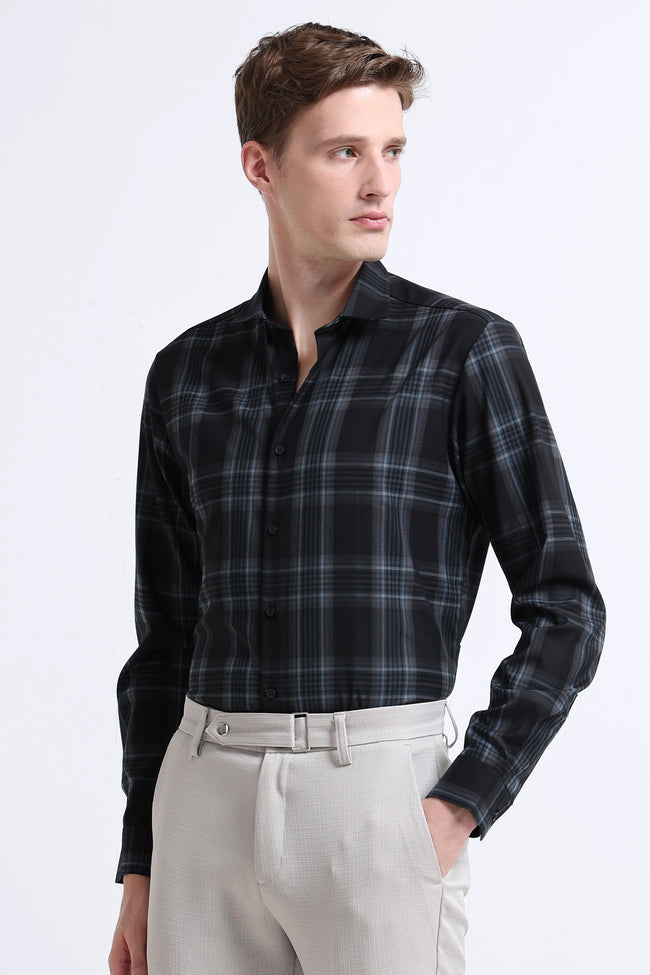 Men Navy Checked Slim Fit Shirt