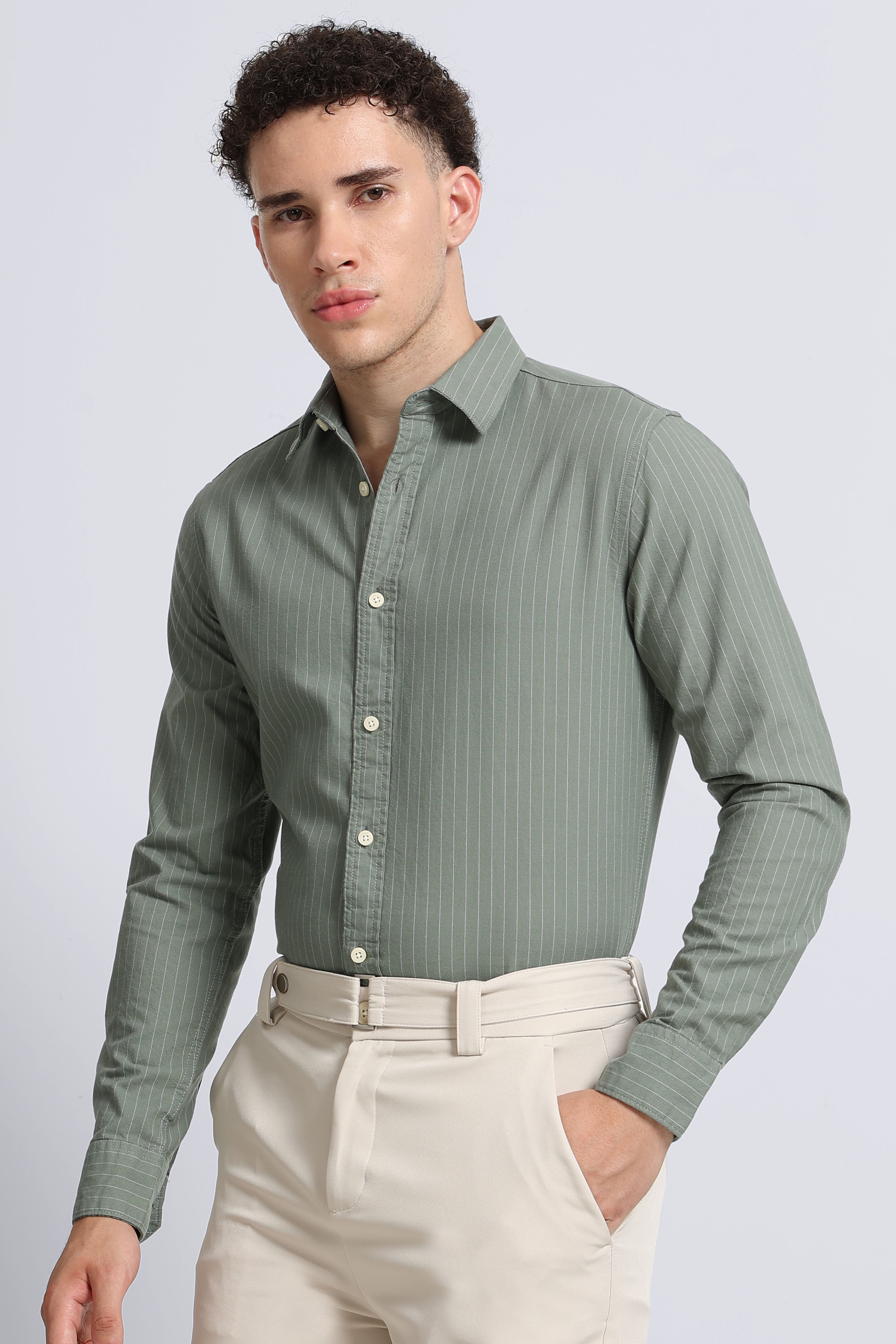 Men Green Striped Cotton Shirt