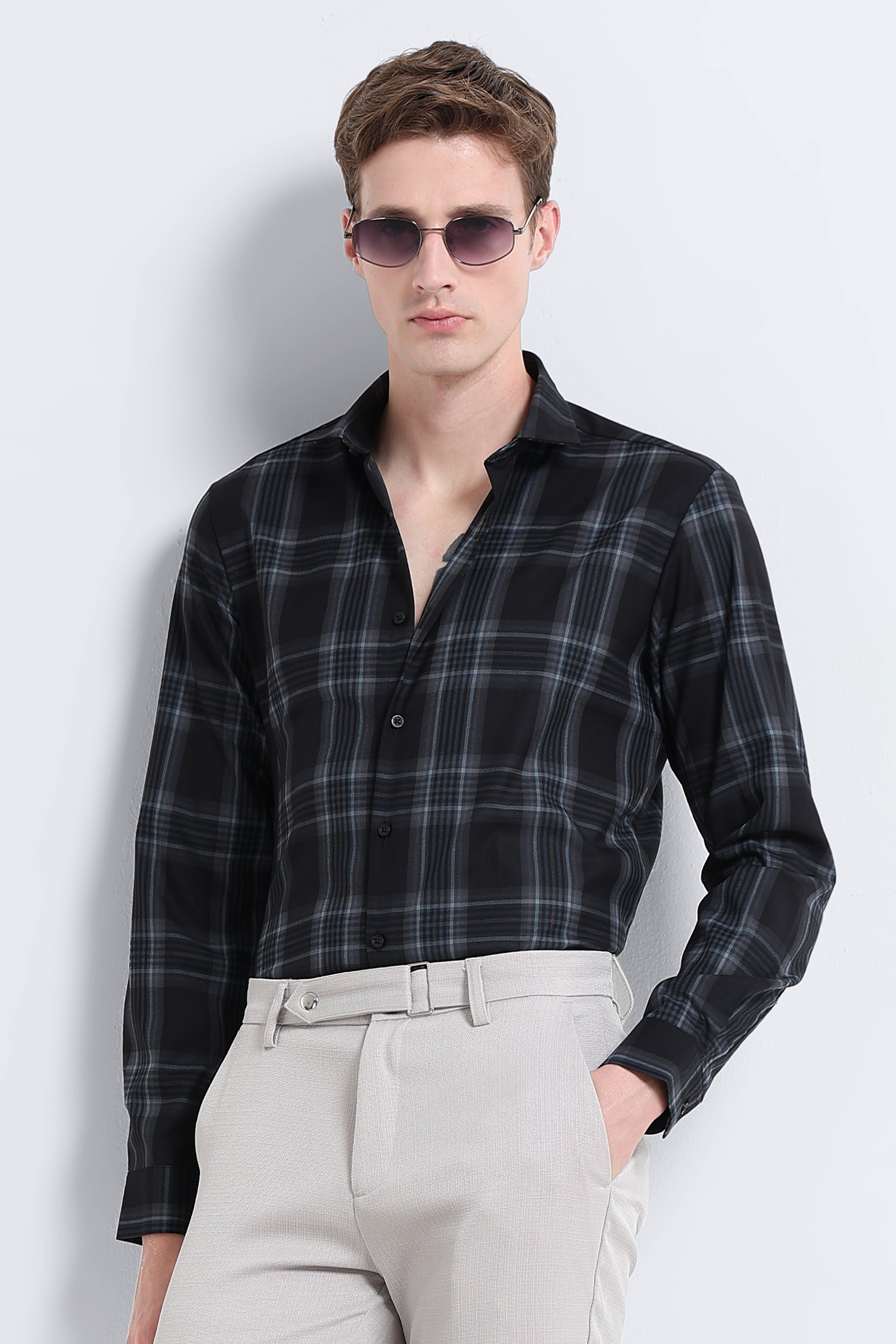 Men Navy Checked Slim Fit Shirt