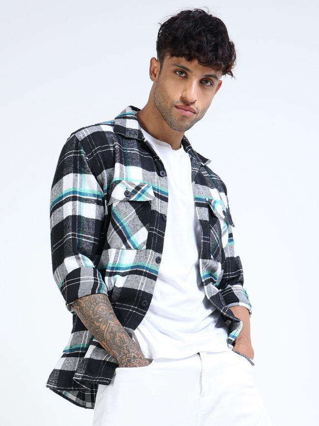 Men Twill Checked Black Casual Overshirt