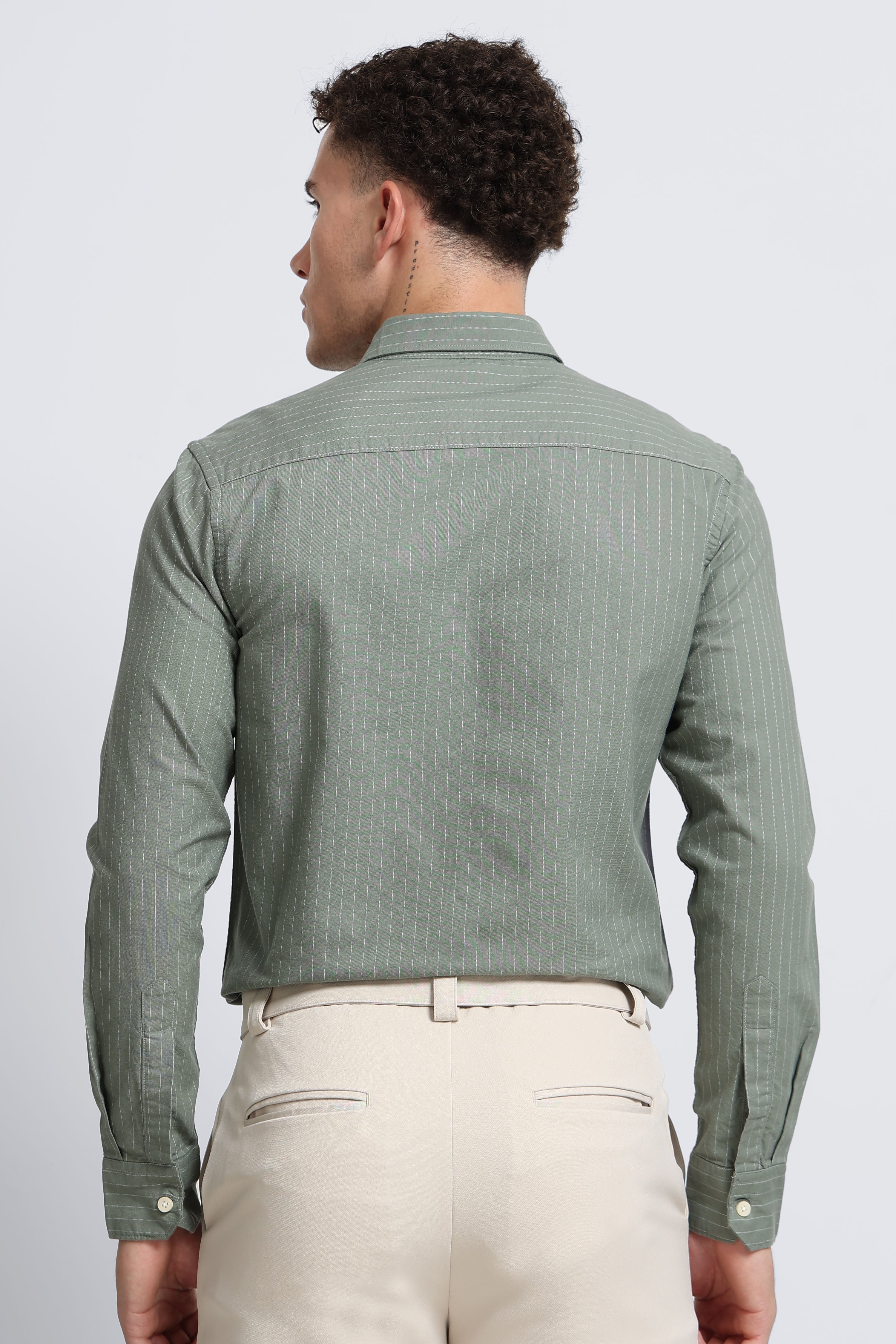 Men Green Striped Cotton Shirt