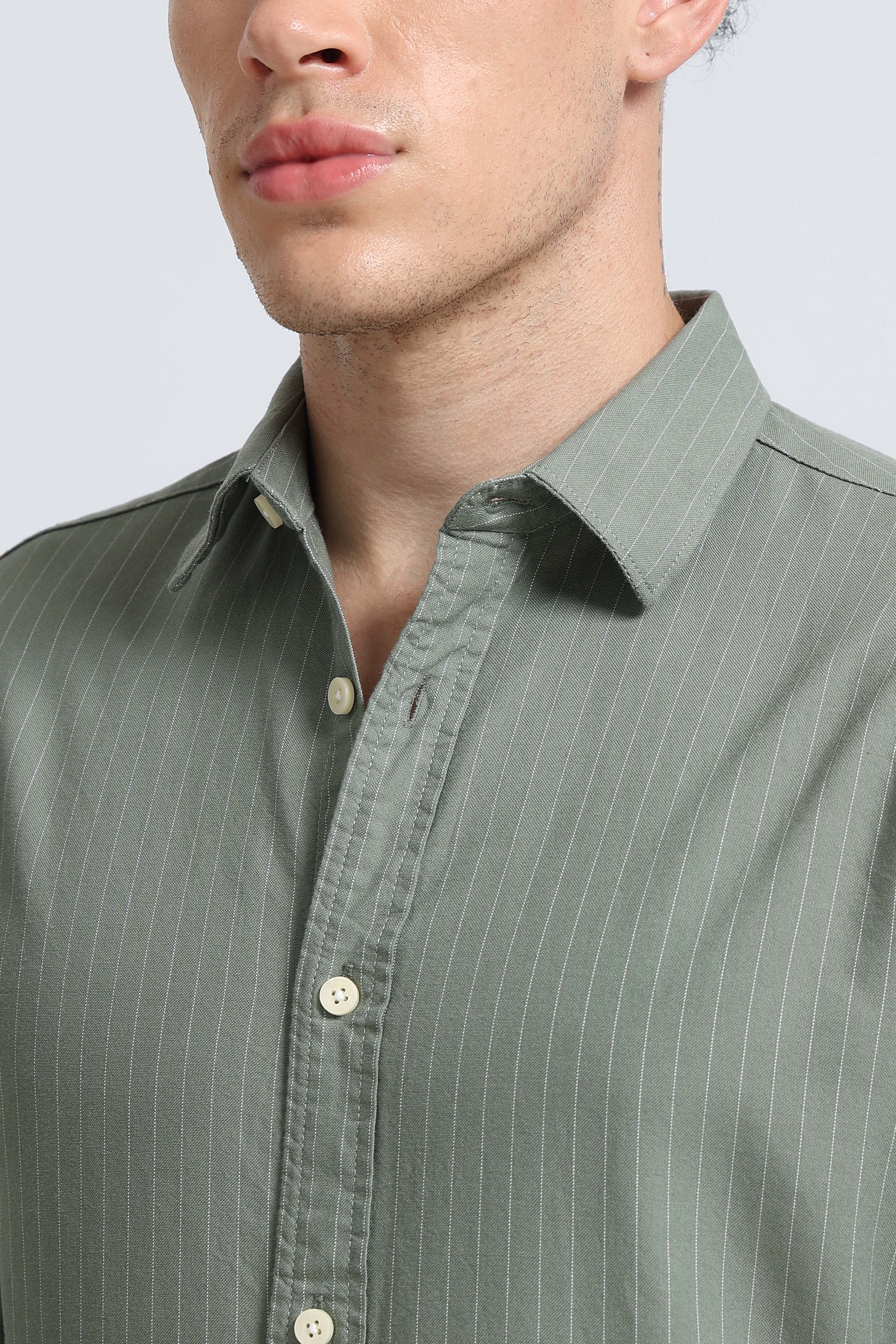 Men Green Striped Cotton Shirt