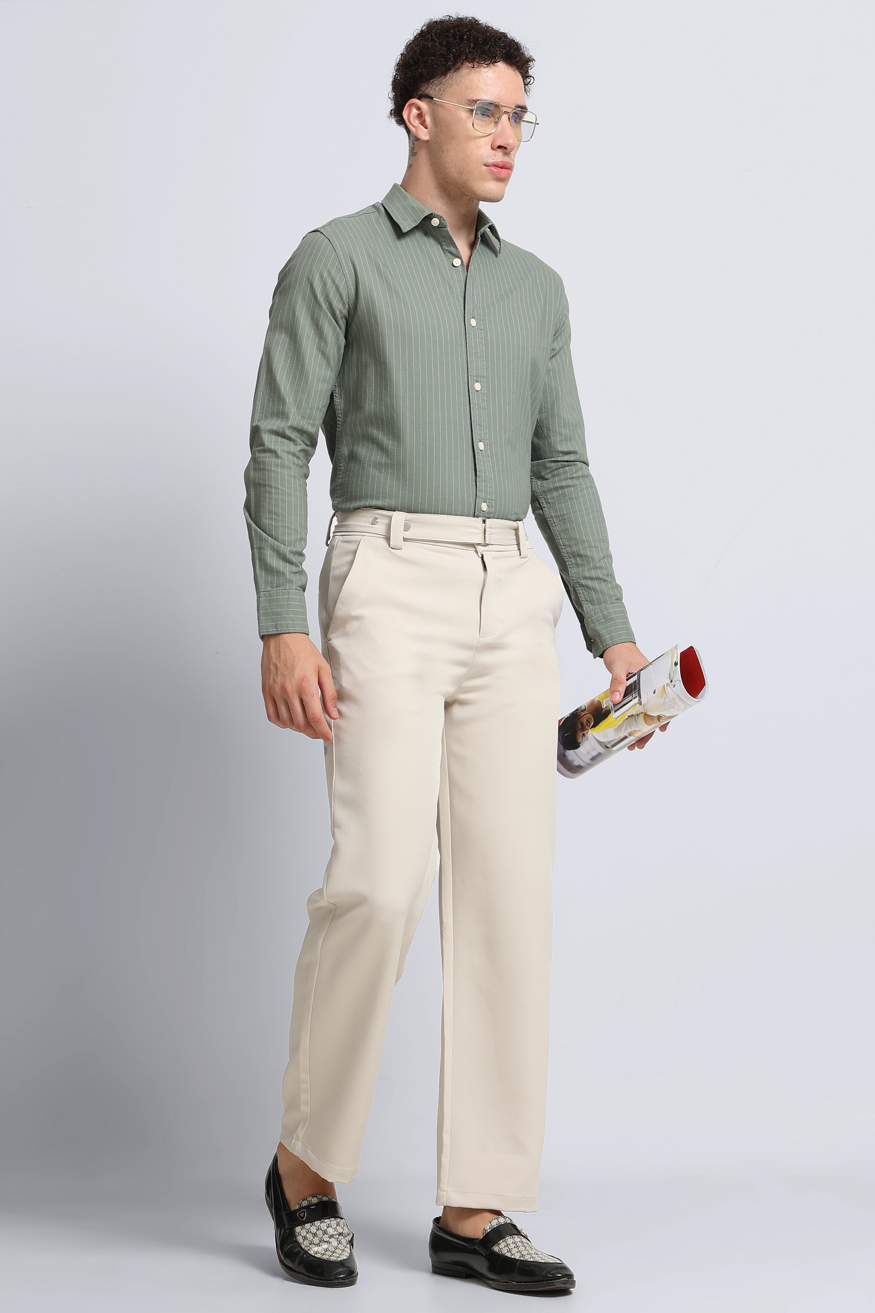Men Green Striped Cotton Shirt