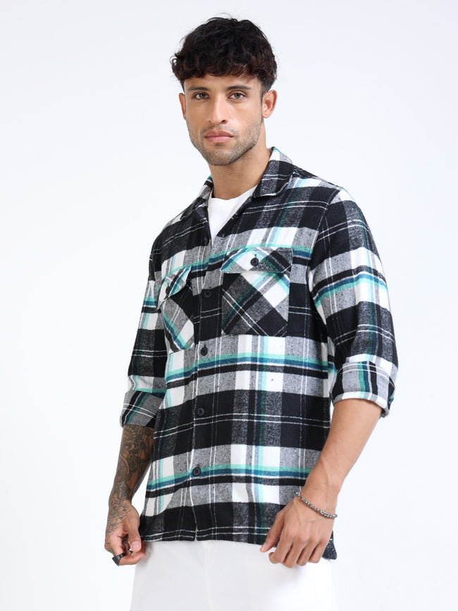 Men Twill Checked Black Casual Overshirt