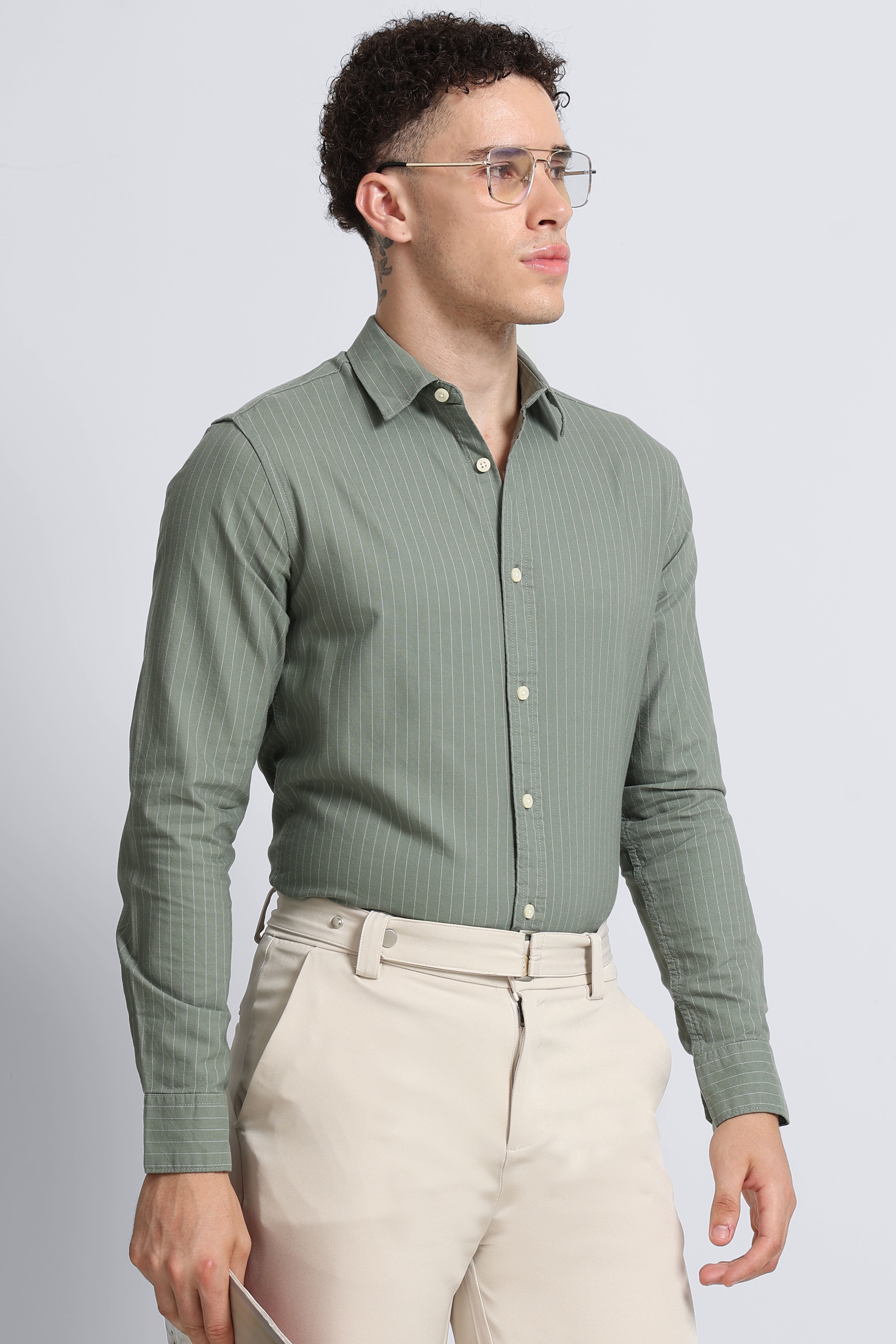 Men Green Striped Cotton Shirt