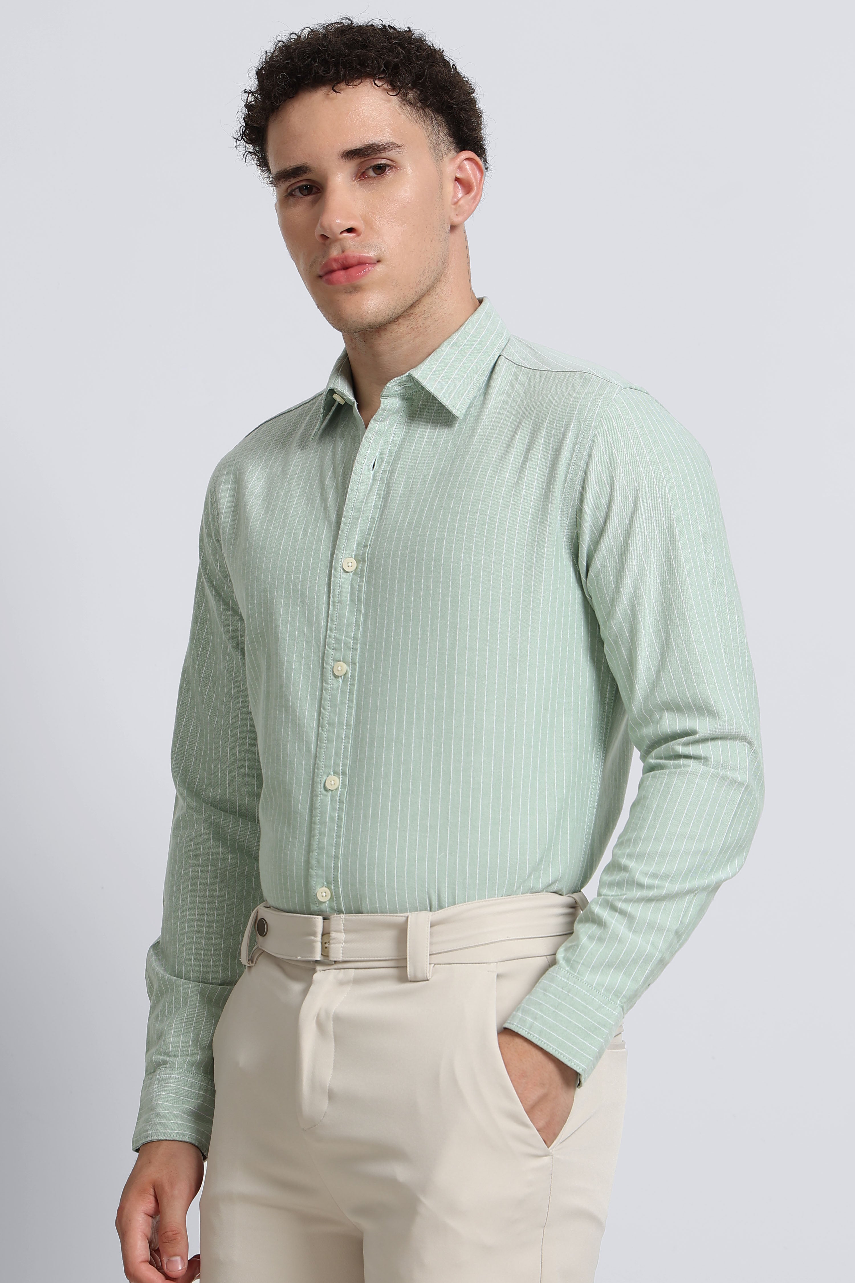 Men Green Striped Cotton Shirt