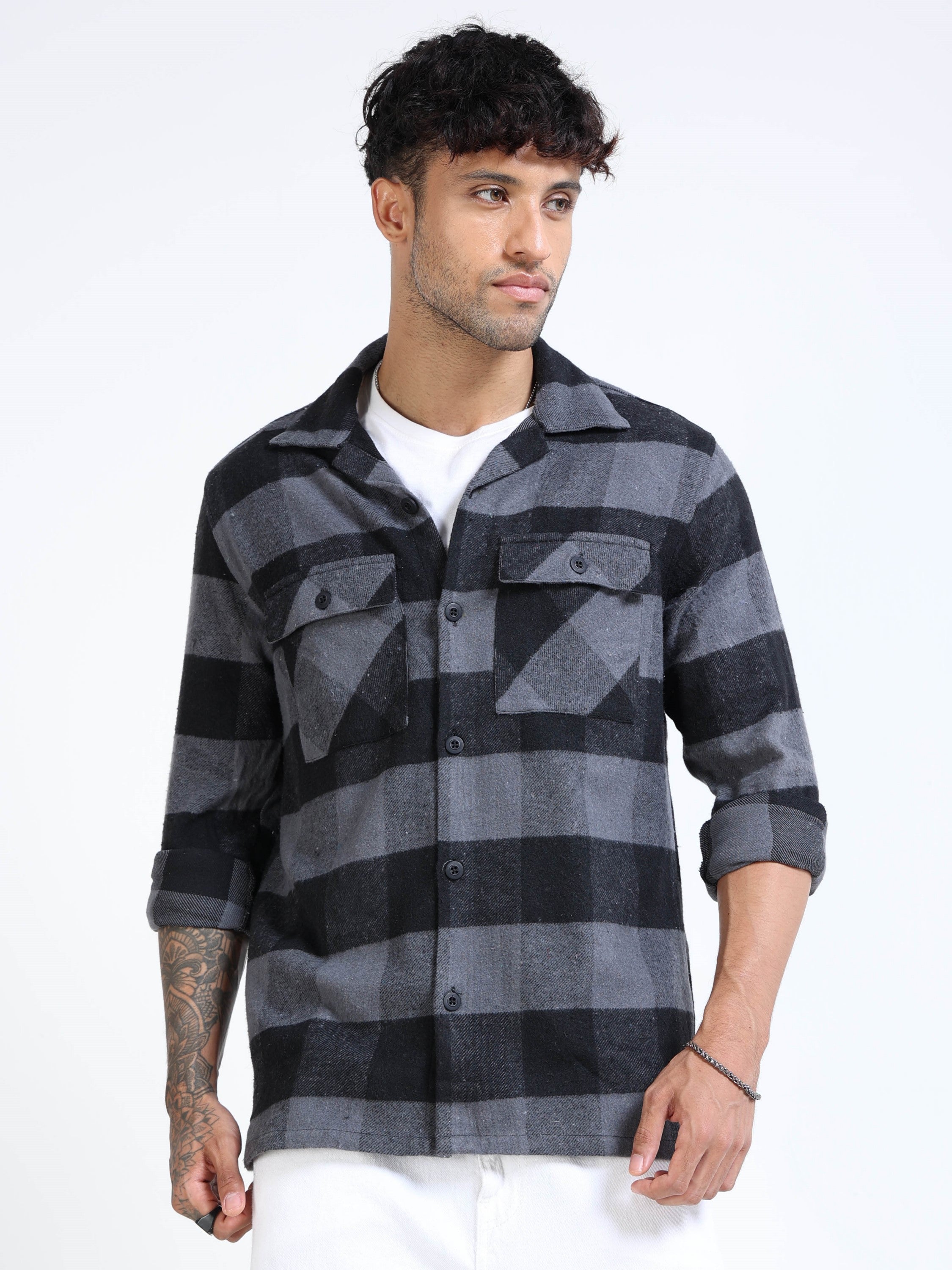 Men Grey Twill Checked Brushed Overshirt