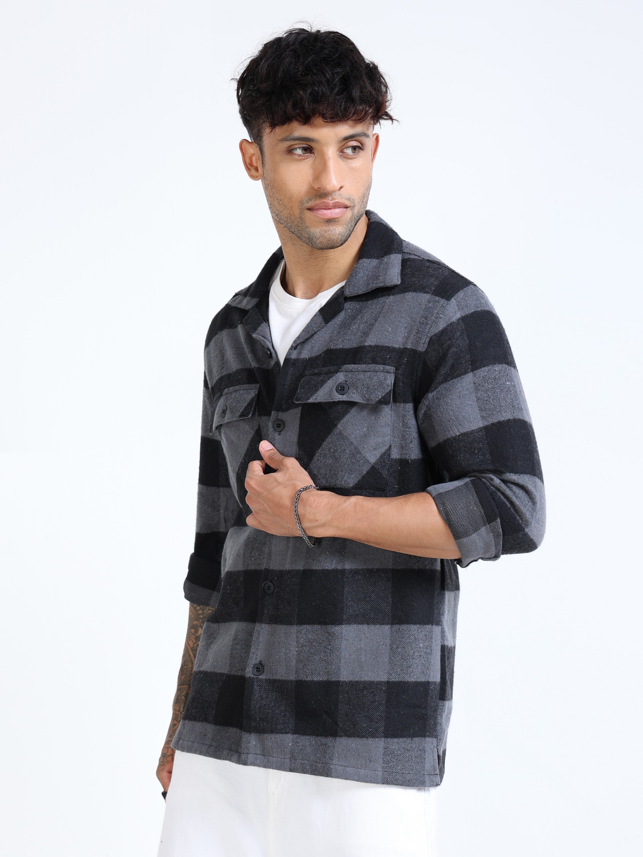 Men Grey Twill Checked Brushed Overshirt