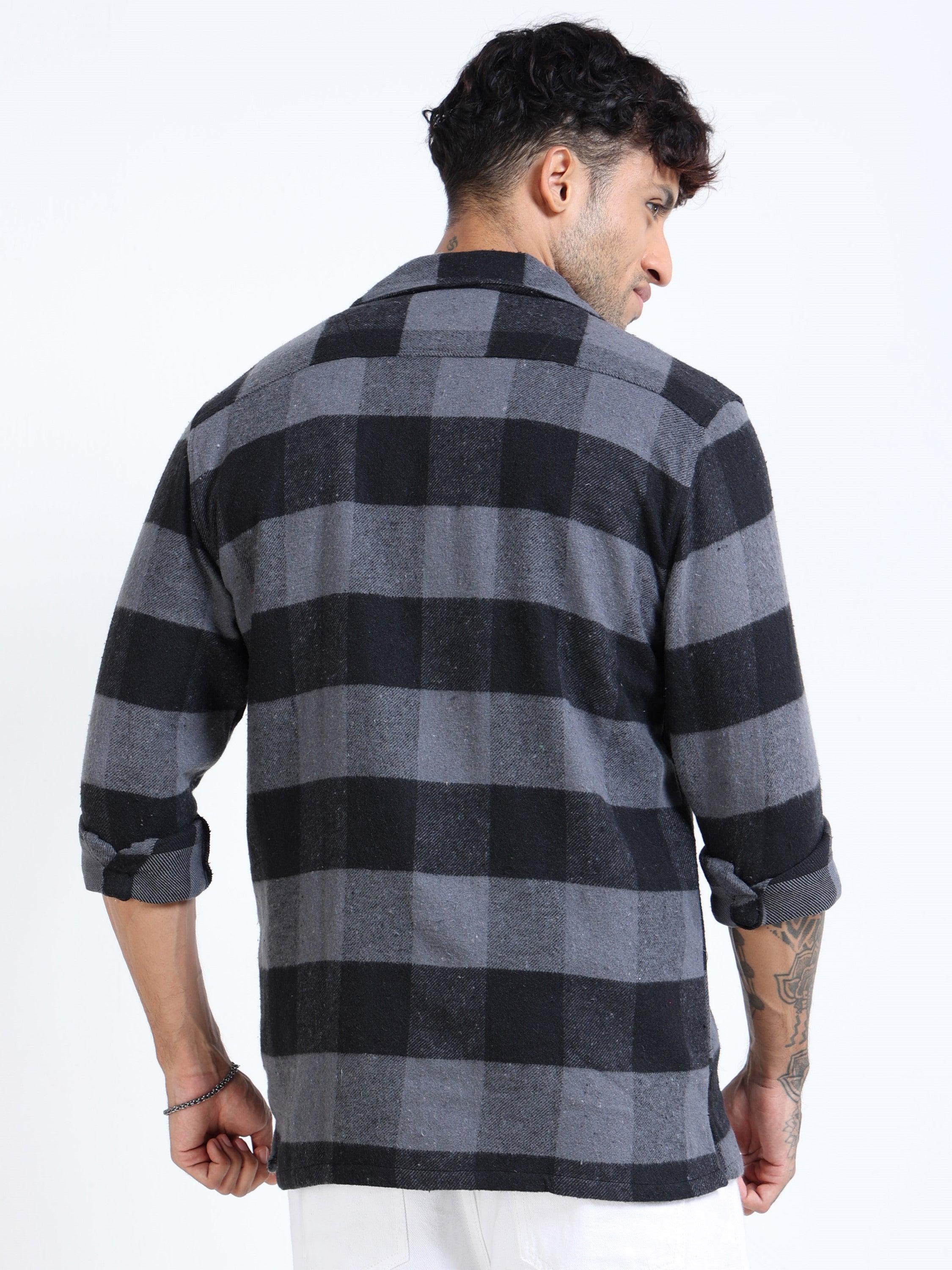 Men Grey Twill Checked Brushed Overshirt