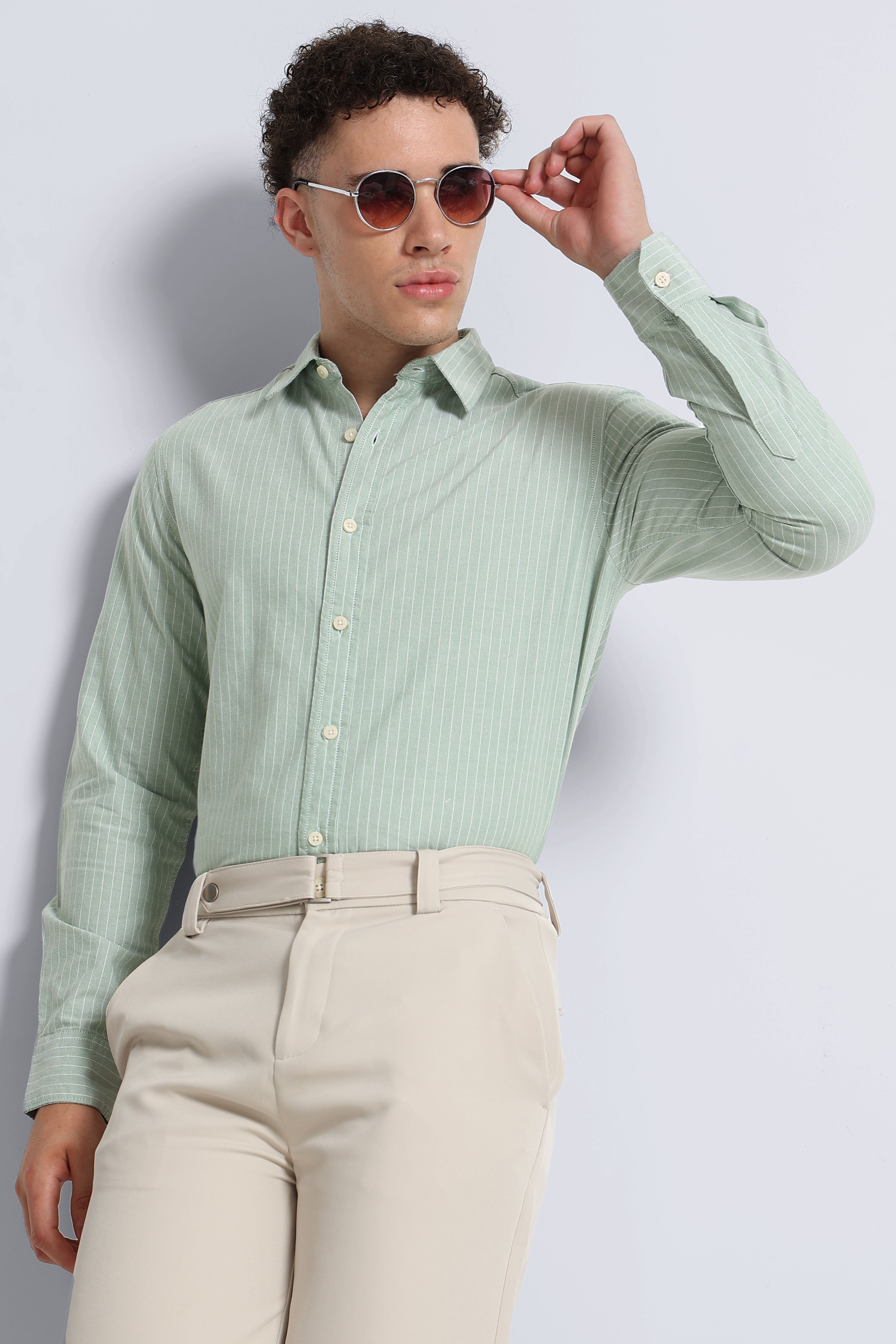 Men Green Striped Cotton Shirt