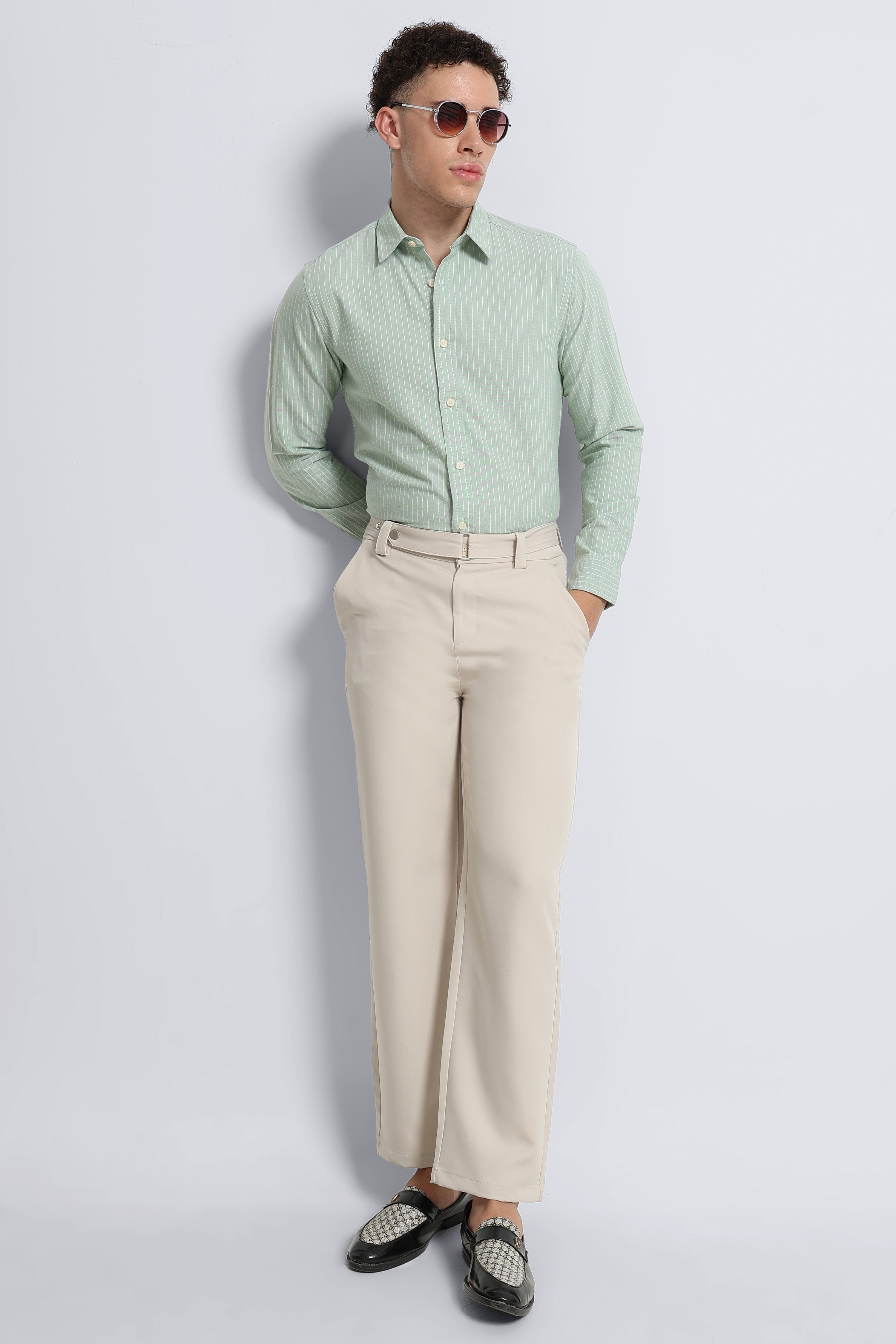 Men Green Striped Cotton Shirt