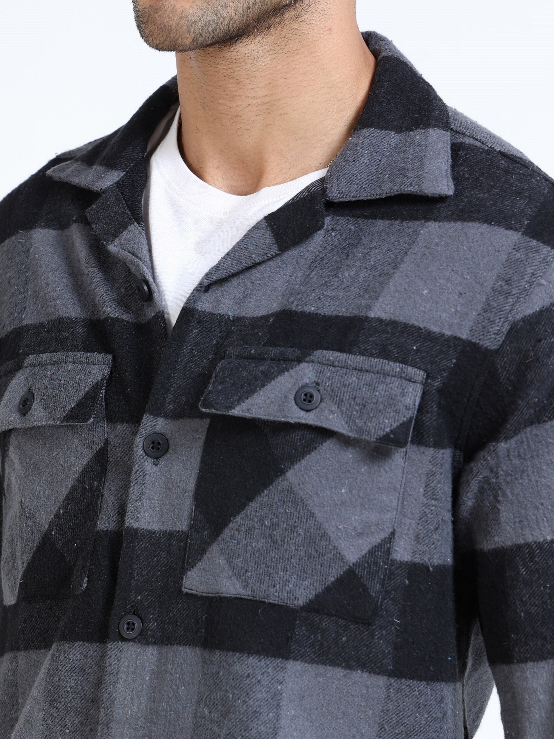 Men Grey Twill Checked Brushed Overshirt