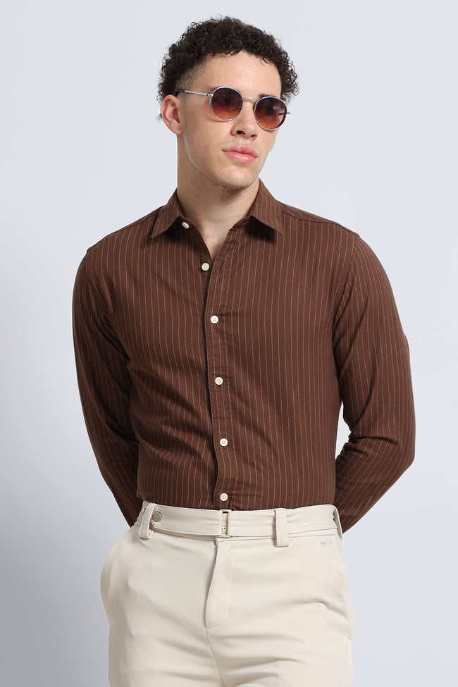 Men Brown Striped Cotton Shirt