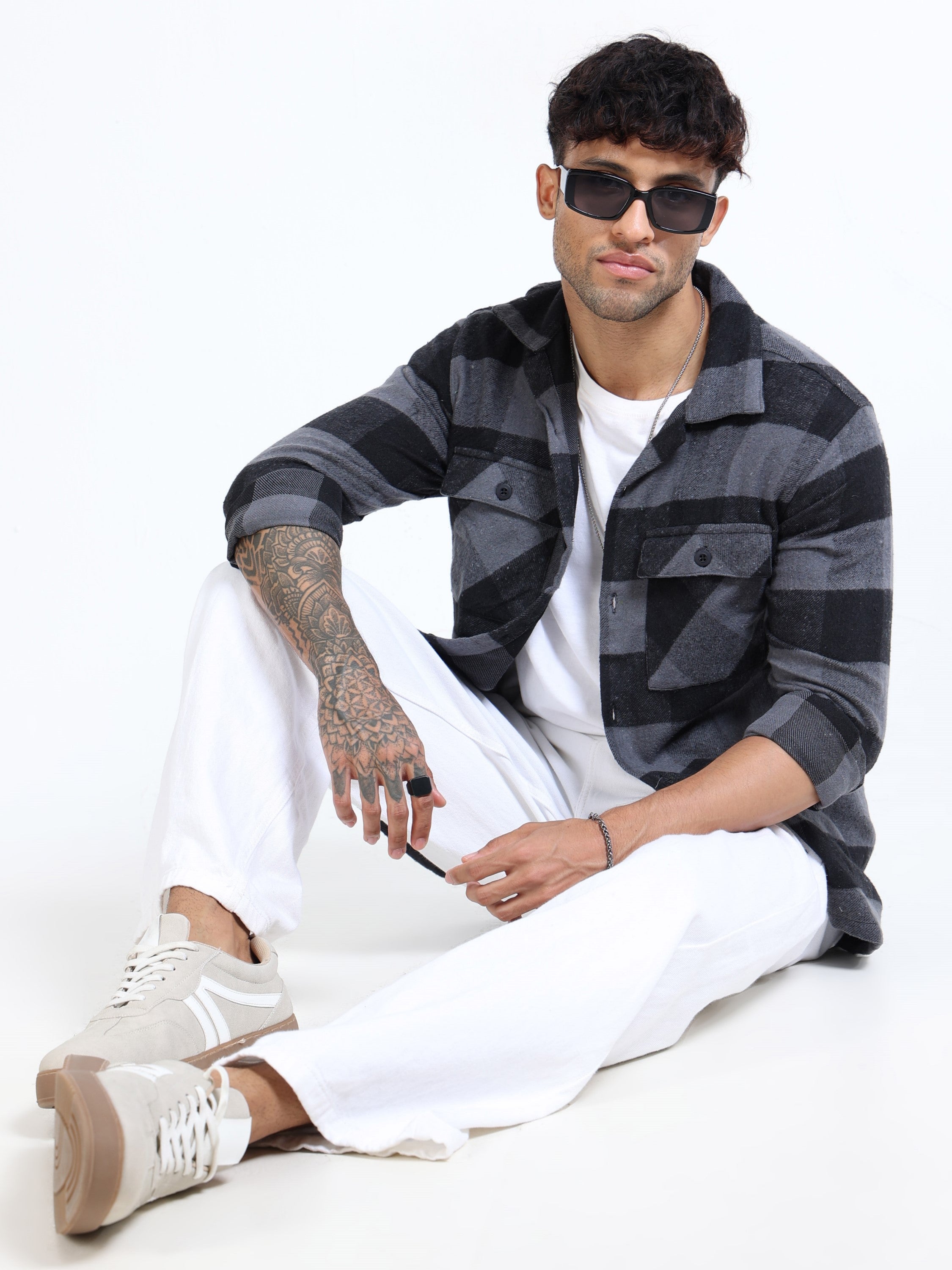 Men Grey Twill Checked Brushed Overshirt