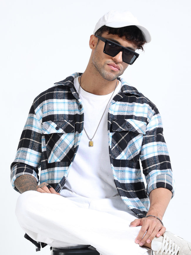 Men Twill Checked Black Cotton Blend Overshirt