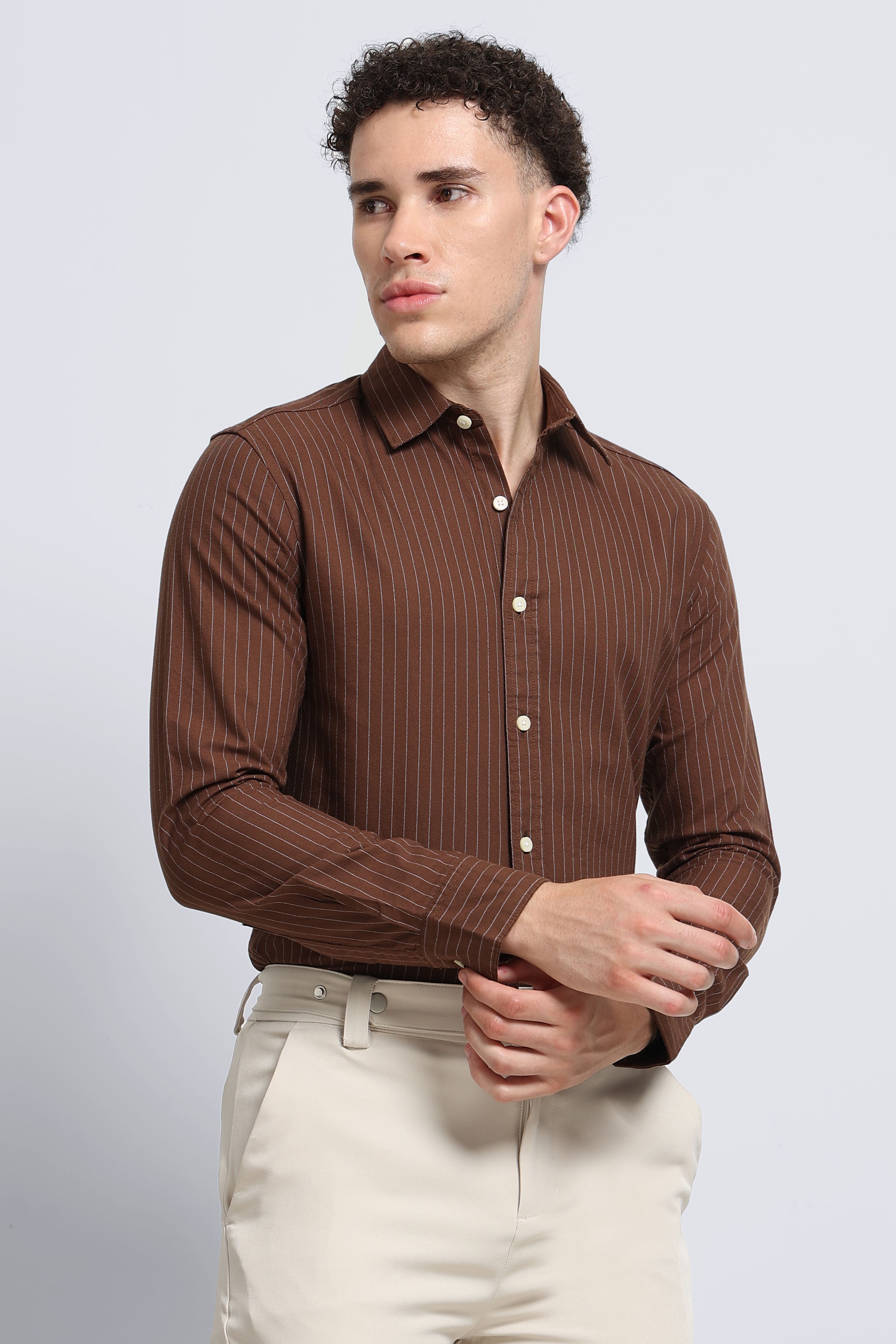 Men Brown Striped Cotton Shirt