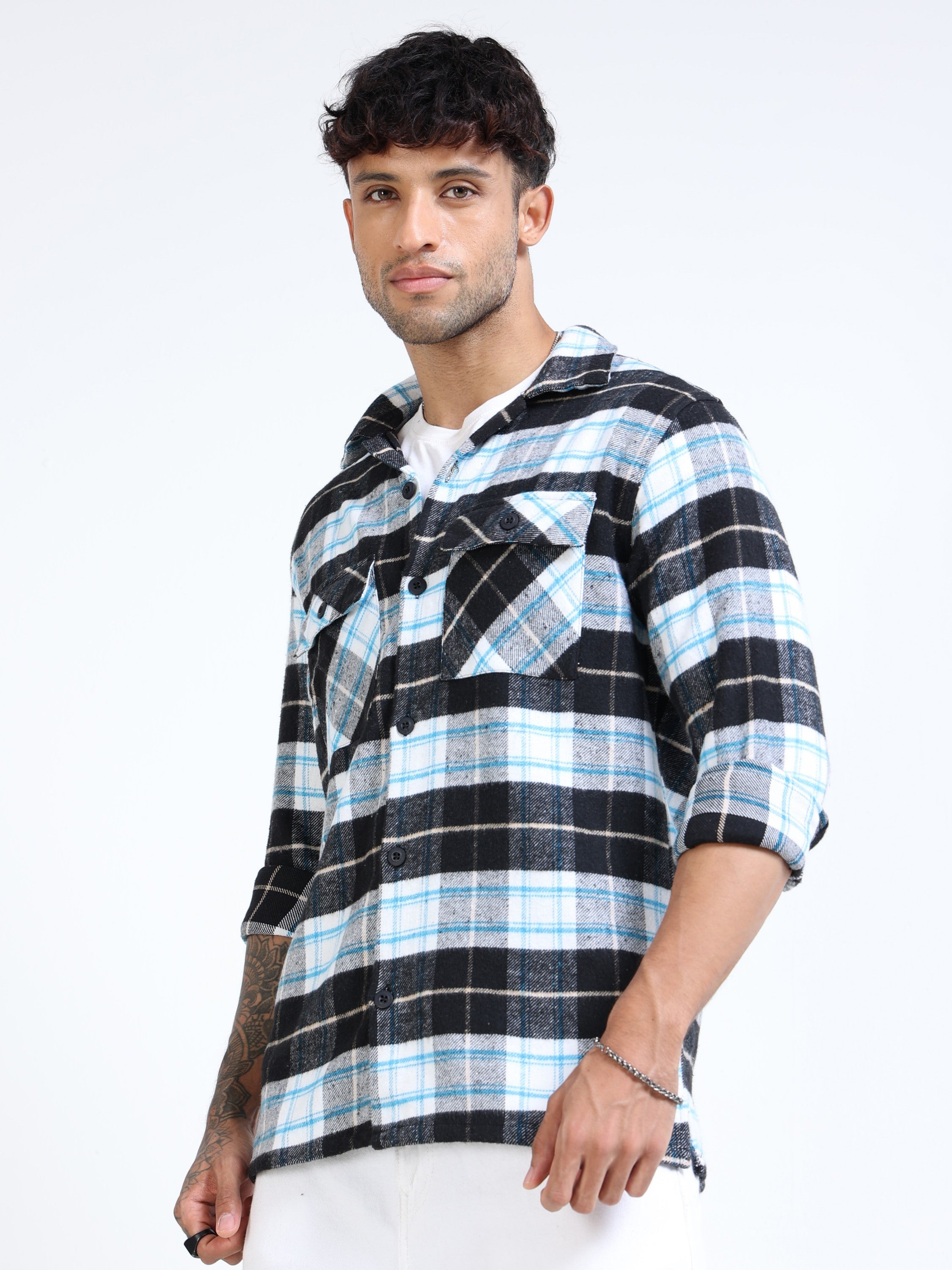 Men Twill Checked Black Cotton Blend Overshirt