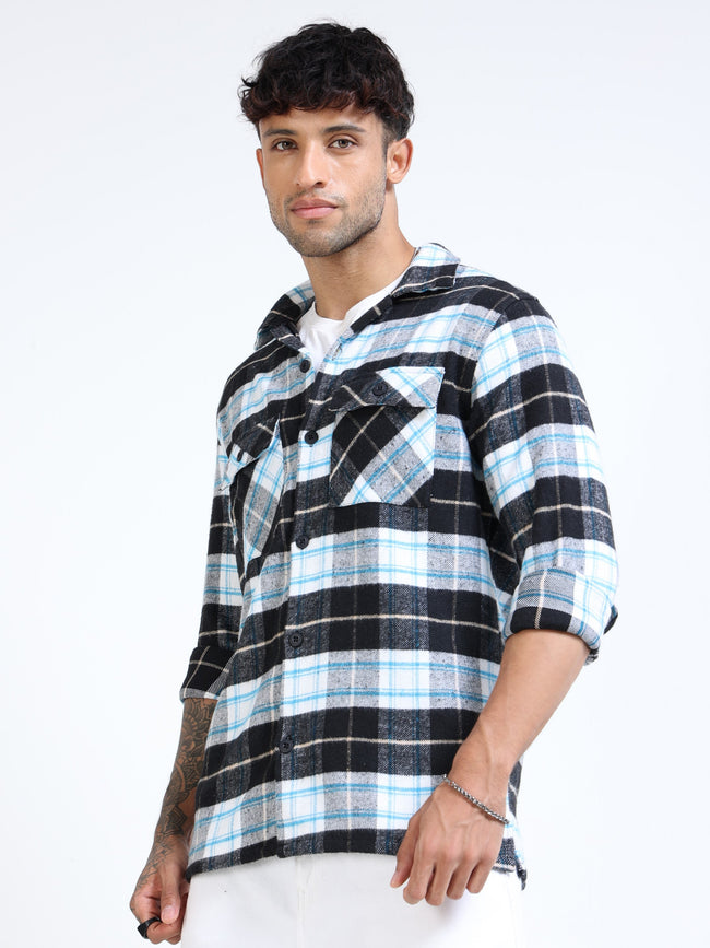 Men Twill Checked Black Cotton Blend Overshirt