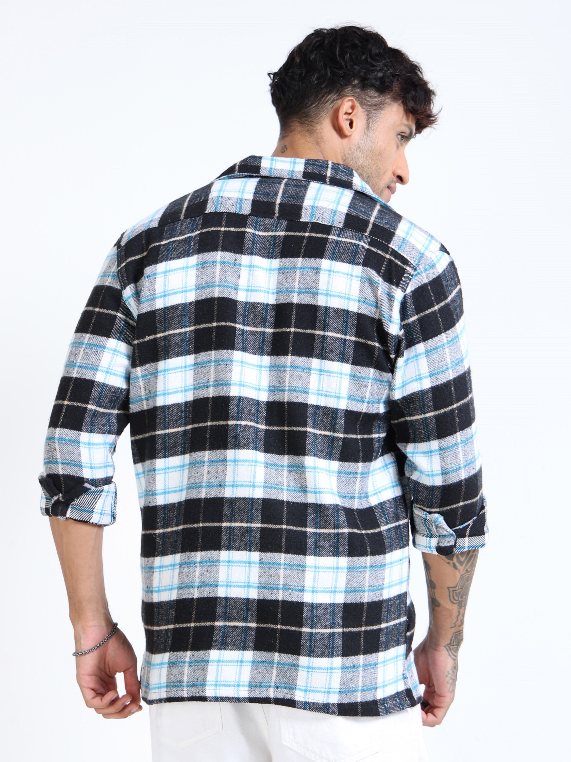 Men Twill Checked Black Cotton Blend Overshirt