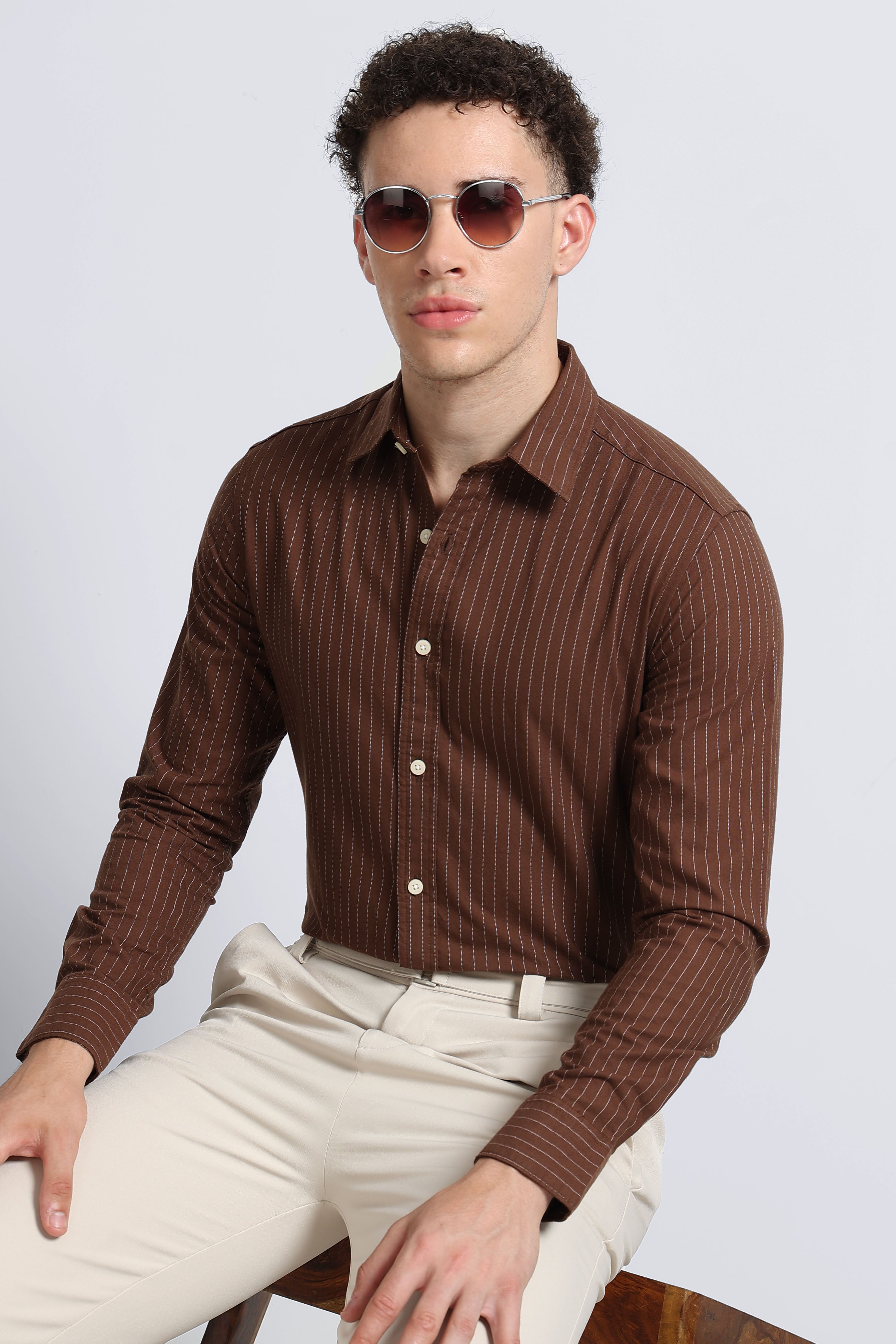 Men Brown Striped Cotton Shirt