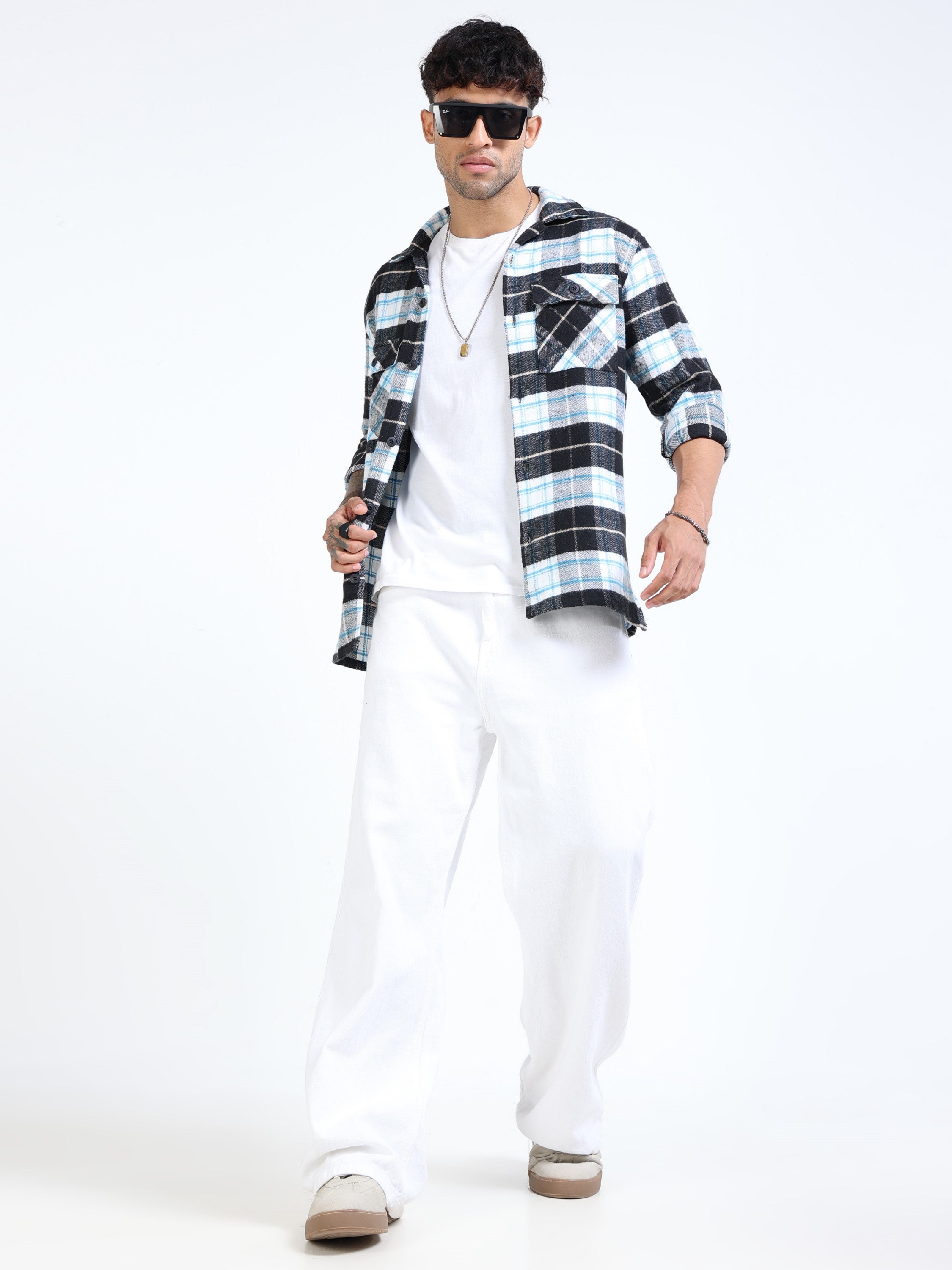 Men Twill Checked Black Cotton Blend Overshirt