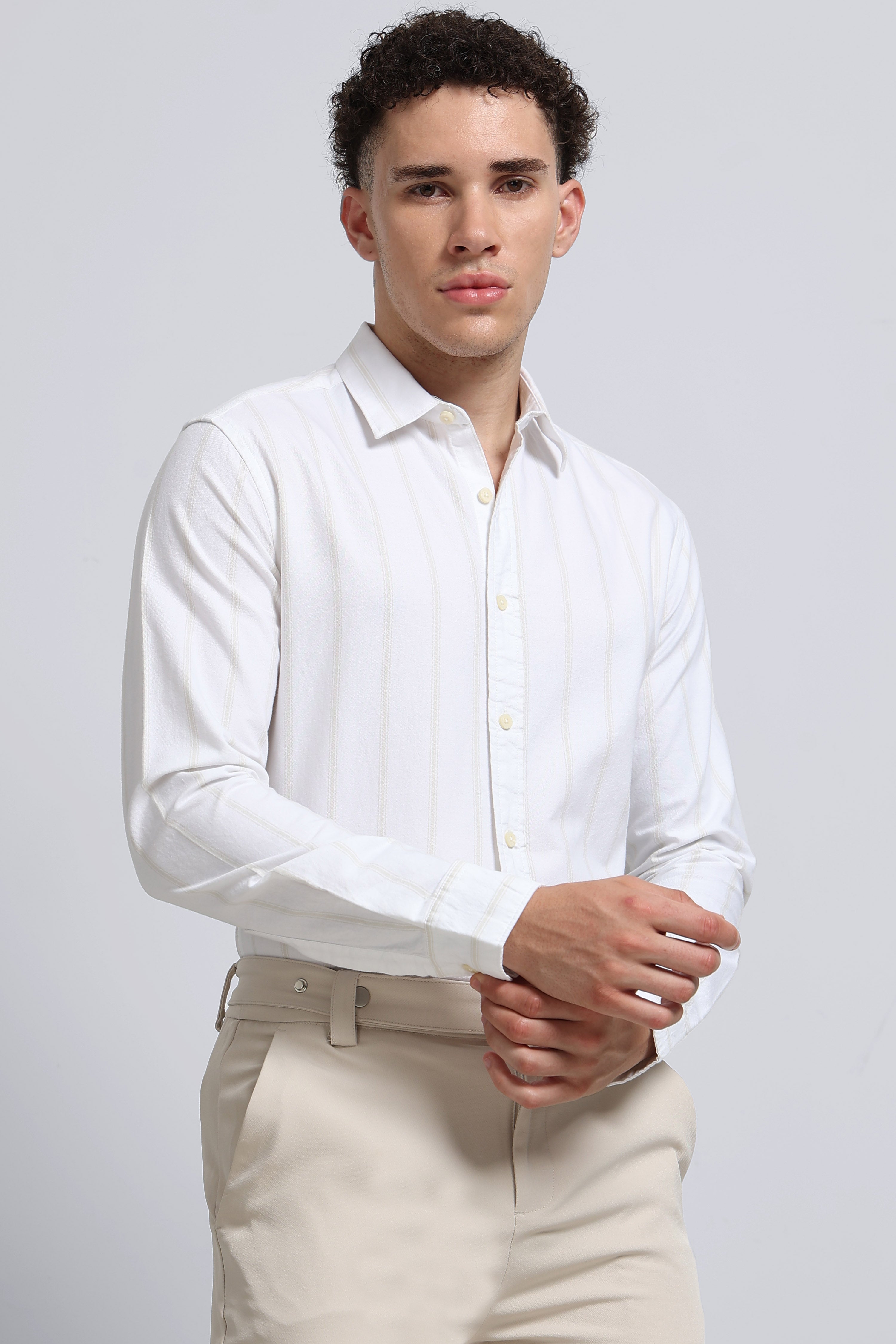 Men White Classic Striped Cotton Shirt