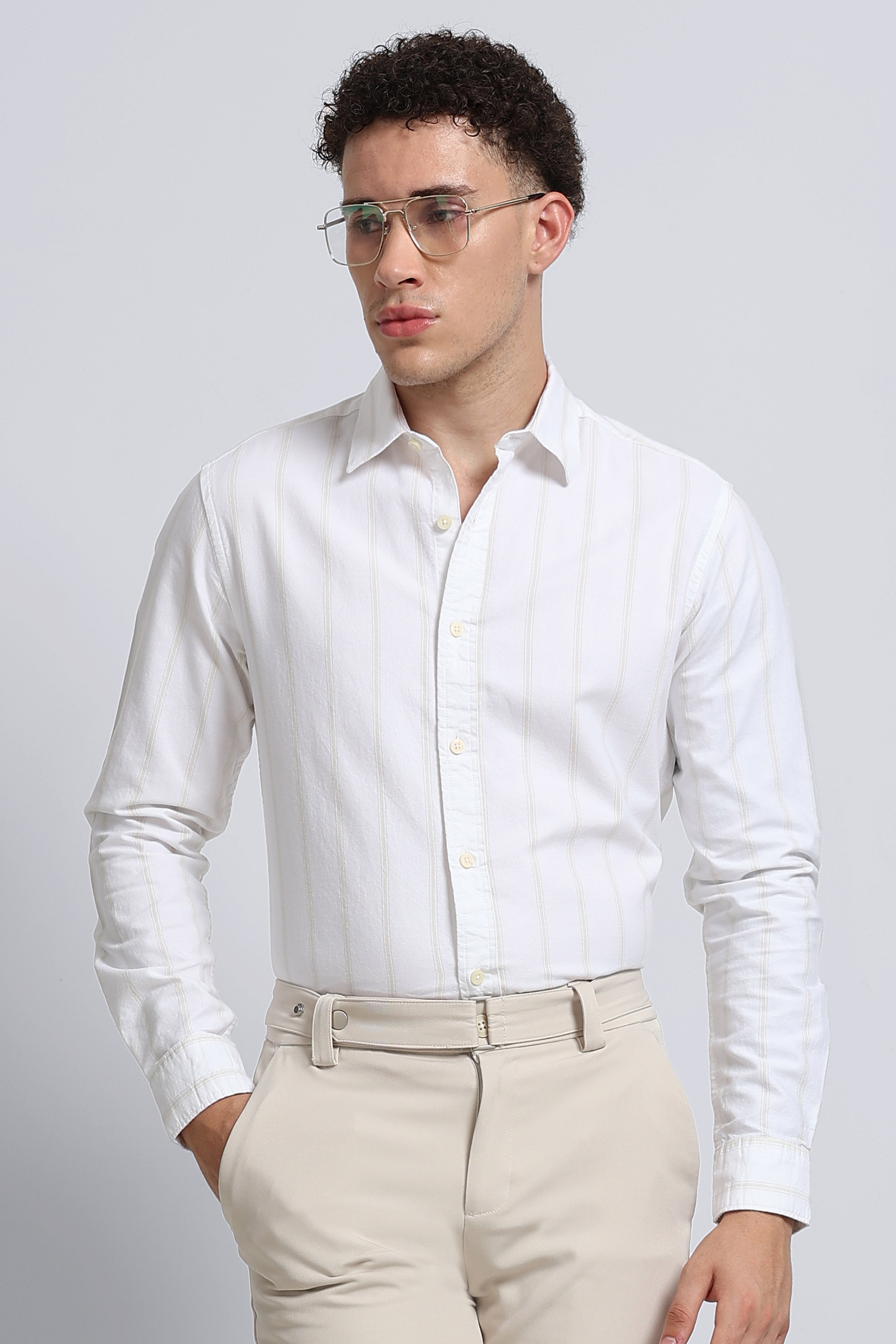 Men White Classic Striped Cotton Shirt