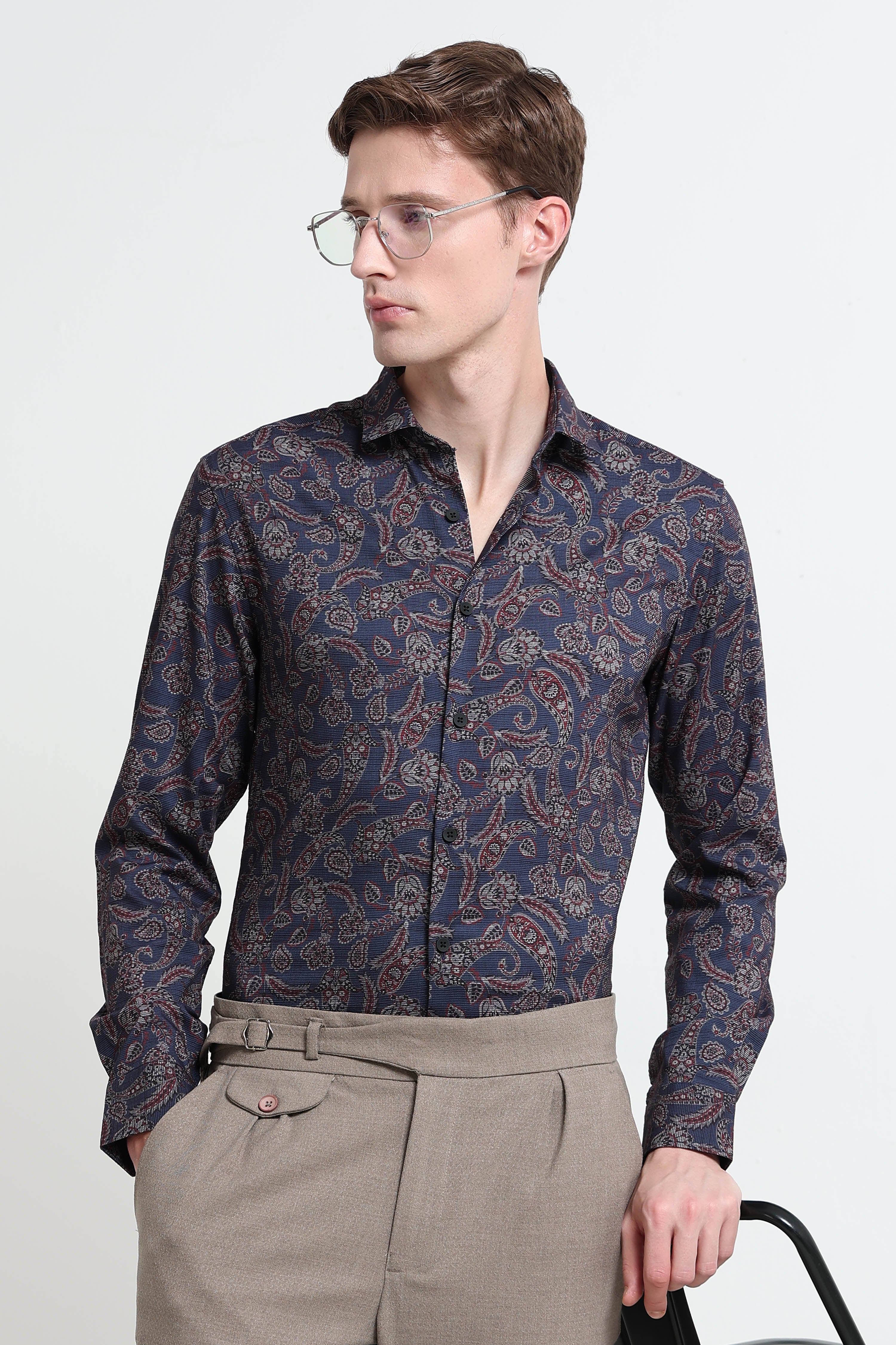 Men Blue Printed Cotton Blend Shirt