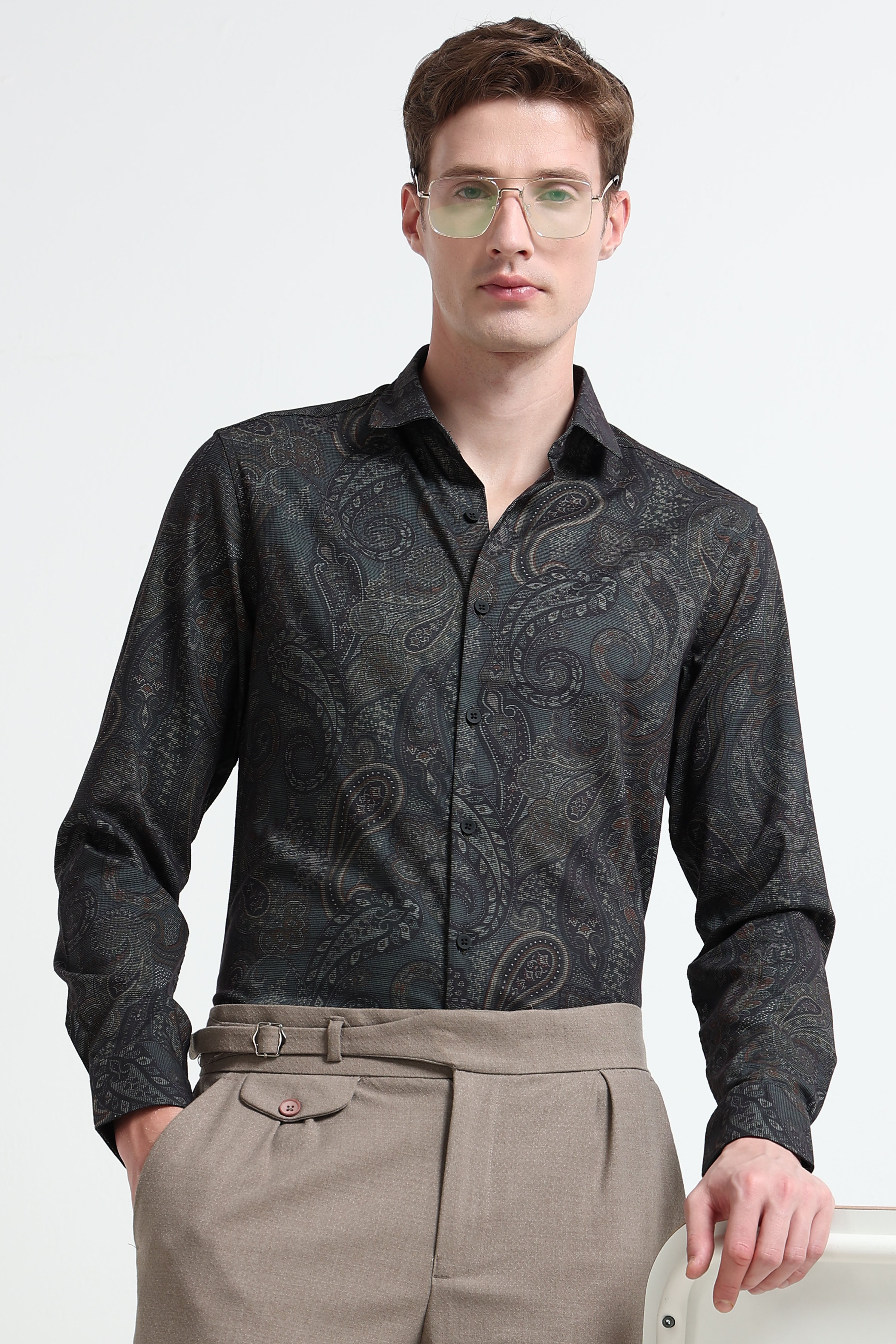 Men Green Printed Cotton Blend Shirt