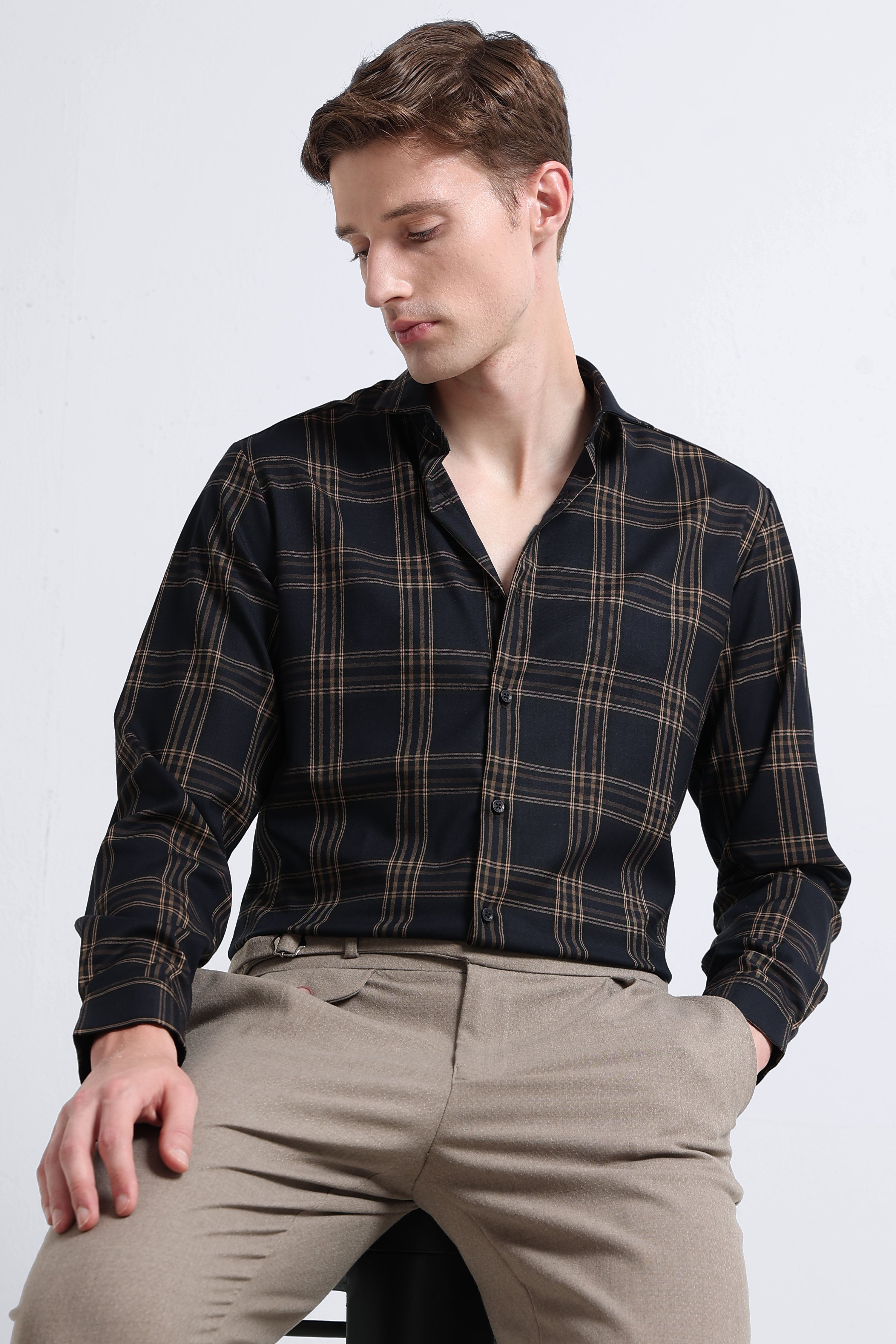 Men Yellow Checked Slim Fit Shirt